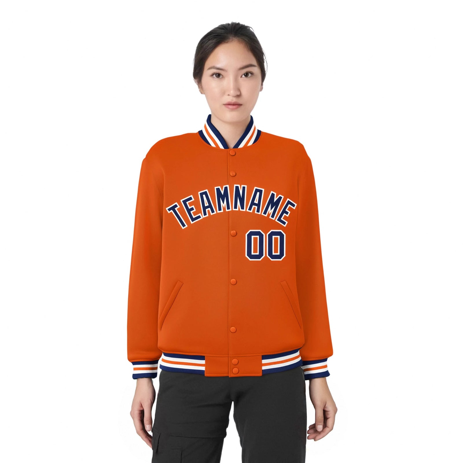 Custom Orange Navy-White Bomber Full-Snap Varsity Letterman Jacket