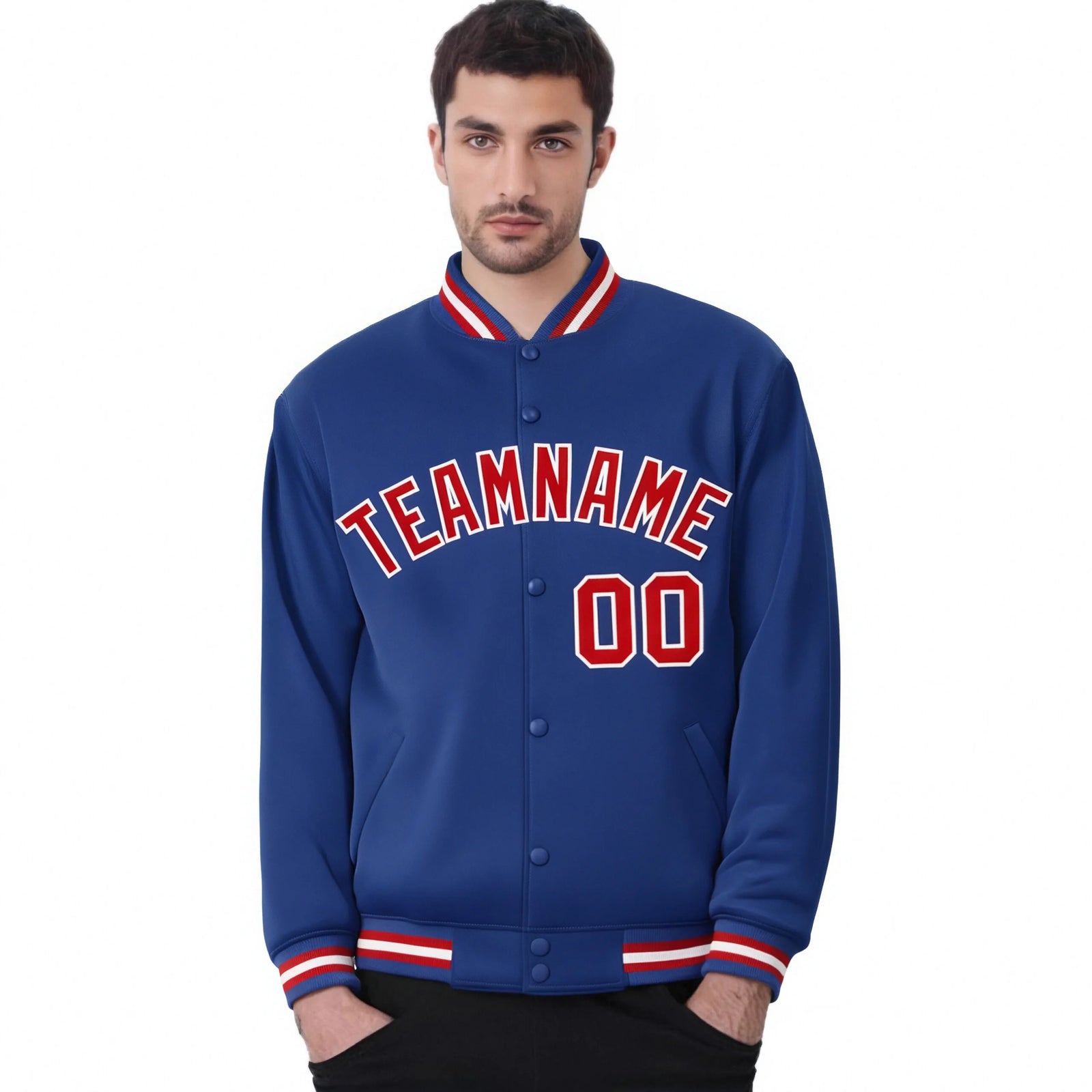 Custom Purple Red-White Bomber Full-Snap Varsity Letterman Jacket