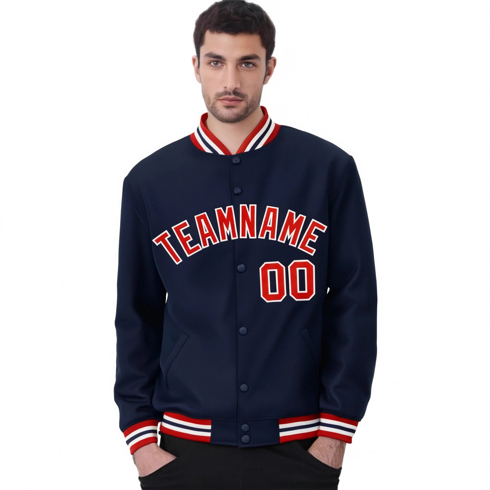 Custom Navy Red-White Bomber Full-Snap Varsity Letterman Jacket
