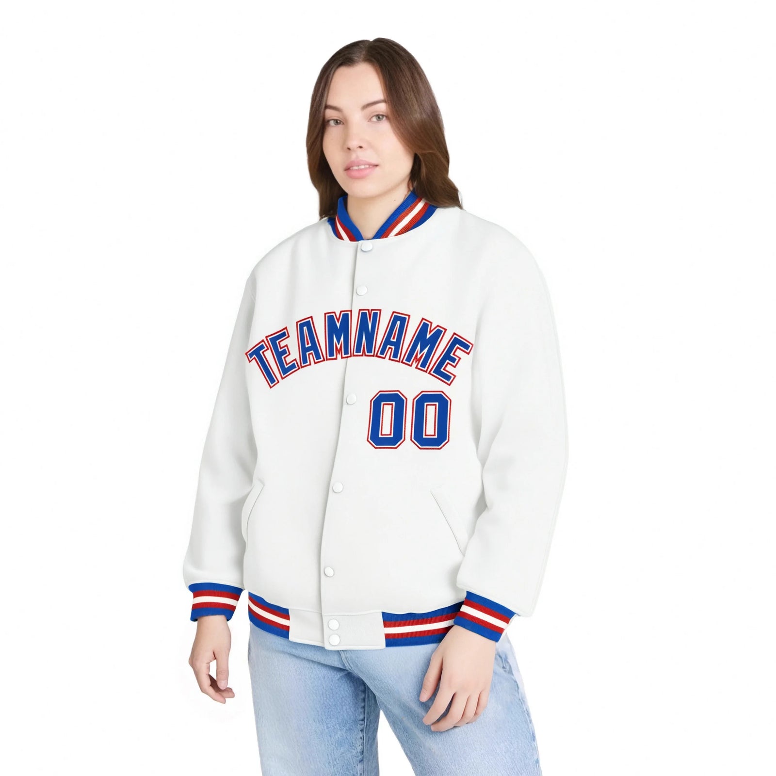 Custom White Thunder-Blue Red Bomber Full-Snap Varsity Letterman Jacket