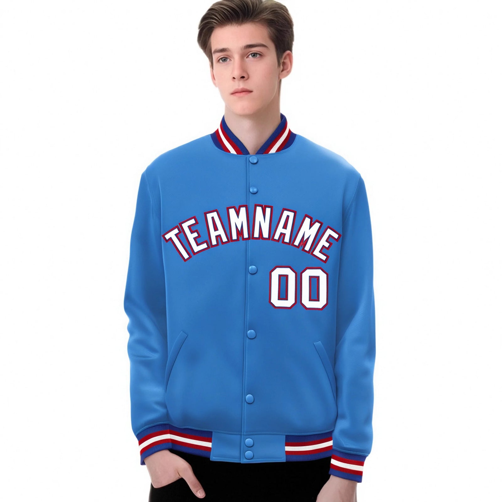 Custom Light Blue White-Red Bomber Full-Snap Varsity Letterman Jacket