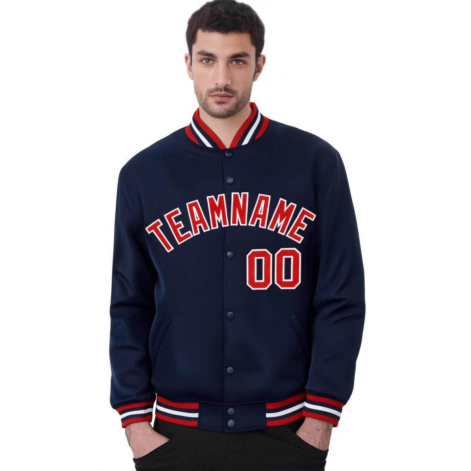 Custom Navy Red-White Bomber Full-Snap Varsity Letterman Jacket