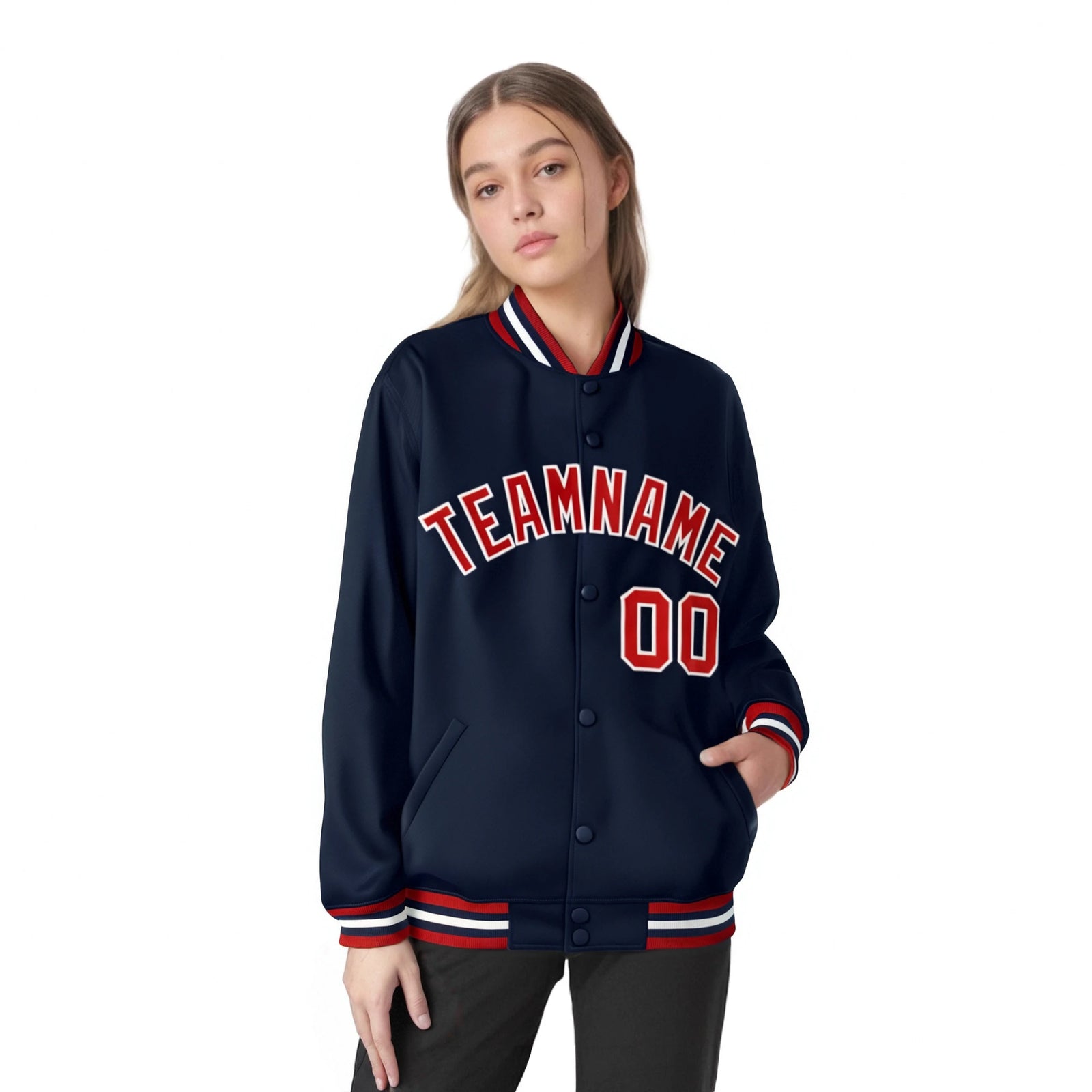 Custom Navy Red-White Bomber Full-Snap Varsity Letterman Jacket
