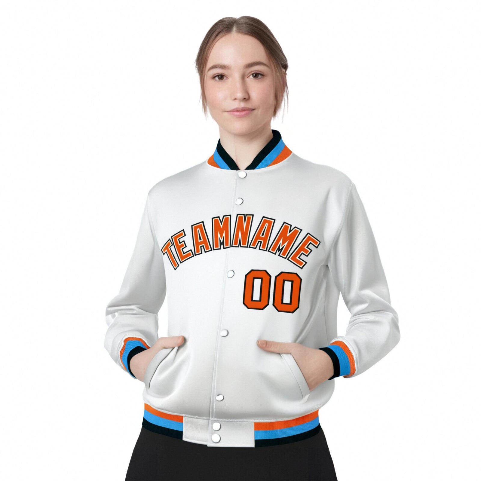 Custom White Orange Light-Blue Bomber Full-Snap Varsity Letterman Jacket