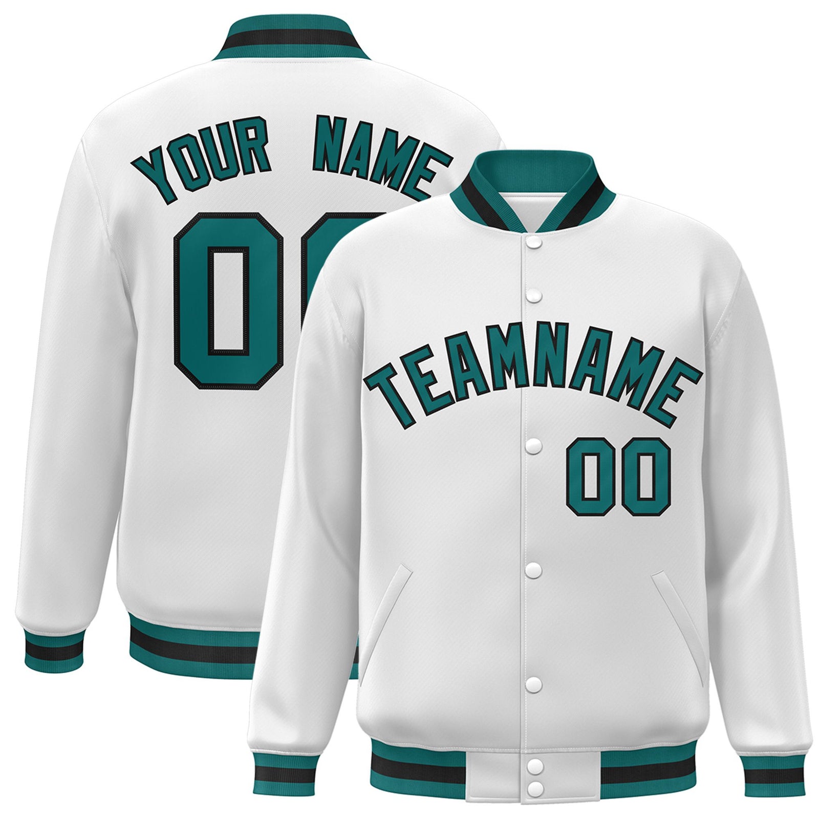 Custom White Aqua-Black Bomber Full-Snap Varsity Letterman Jacket