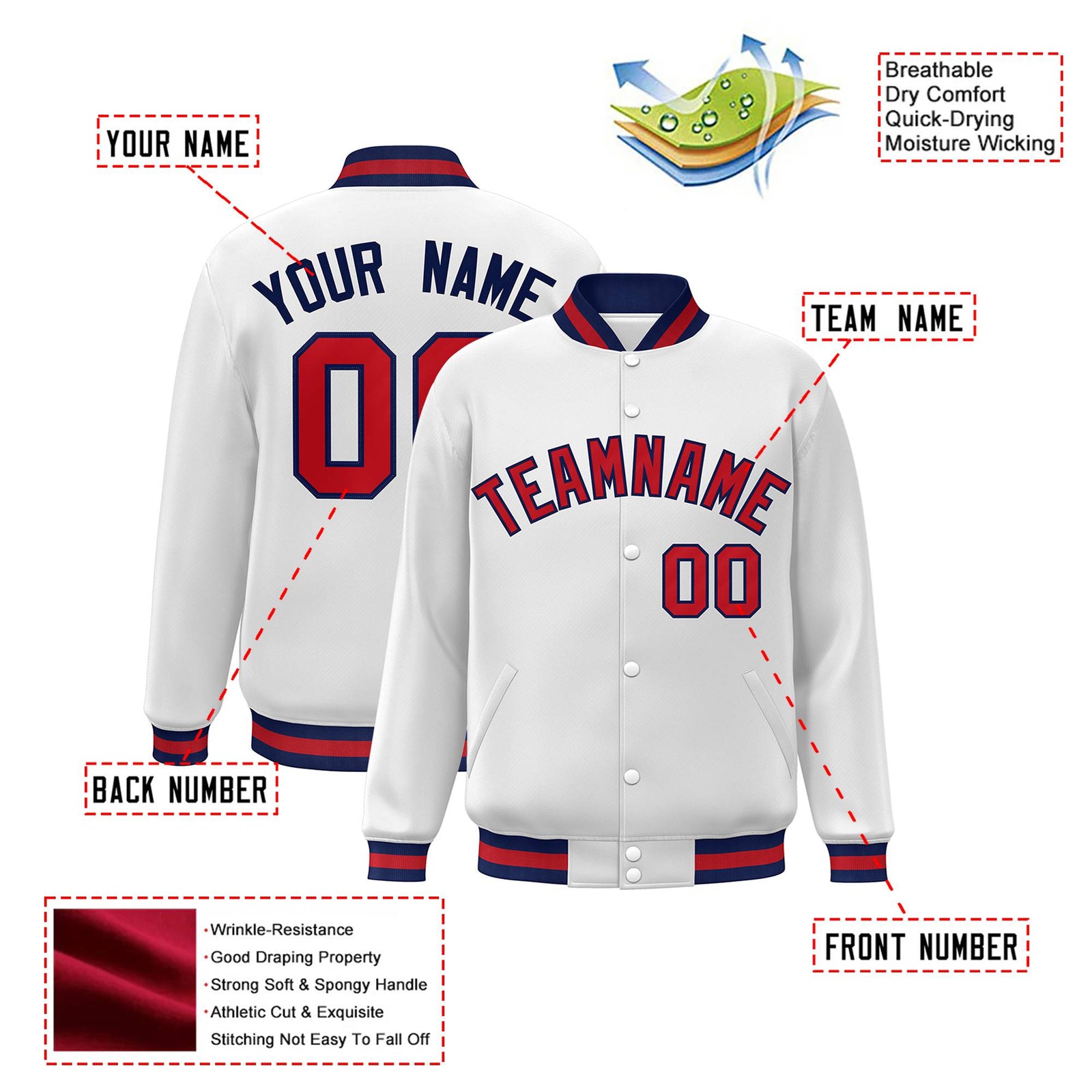 Custom White Red-Navy Bomber Full-Snap Varsity Letterman Jacket