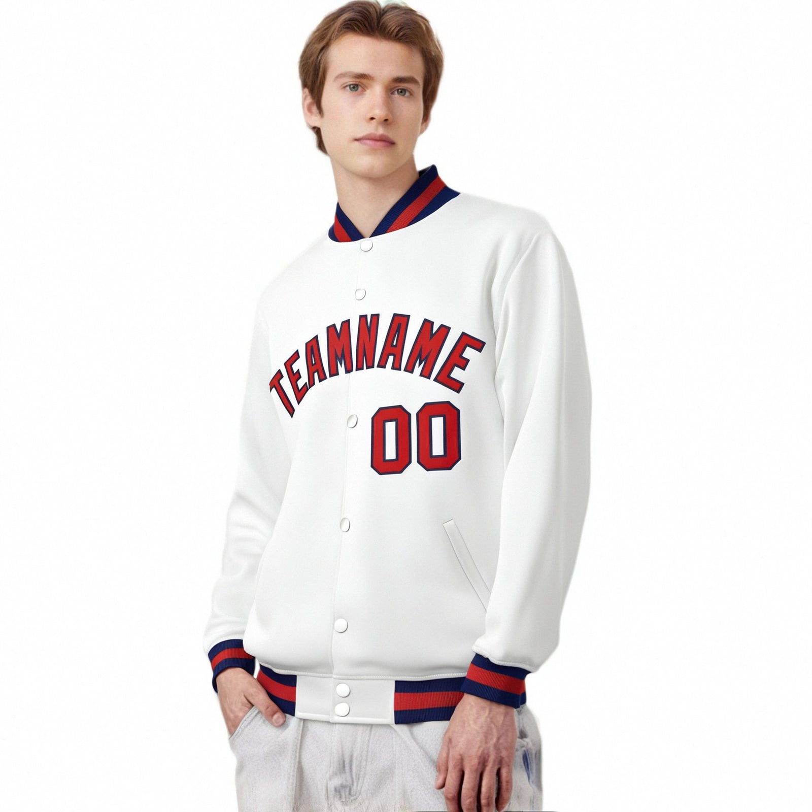 Custom White Red-Navy Bomber Full-Snap Varsity Letterman Jacket
