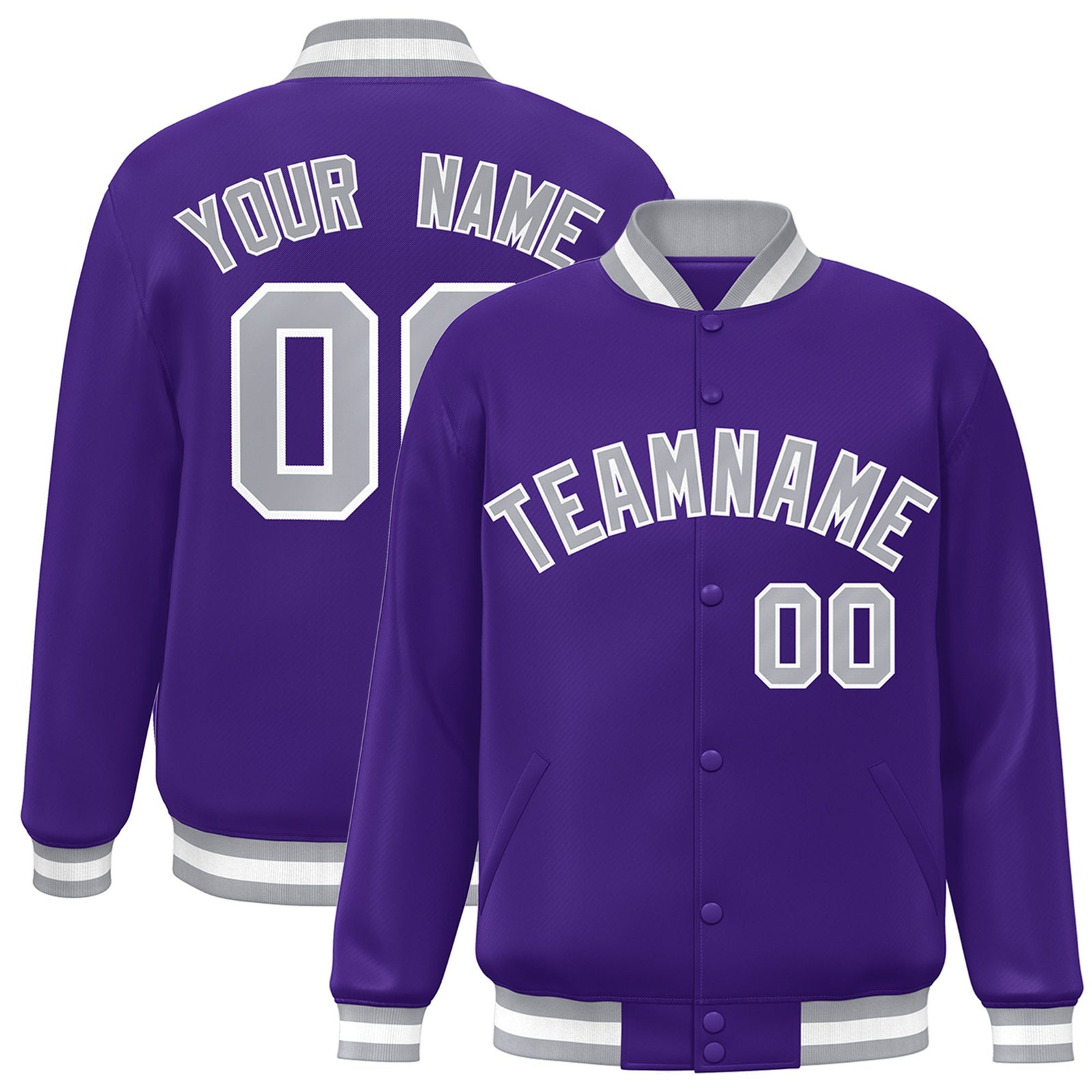 Custom Purple Gray-White Bomber Full-Snap Varsity Letterman Jacket