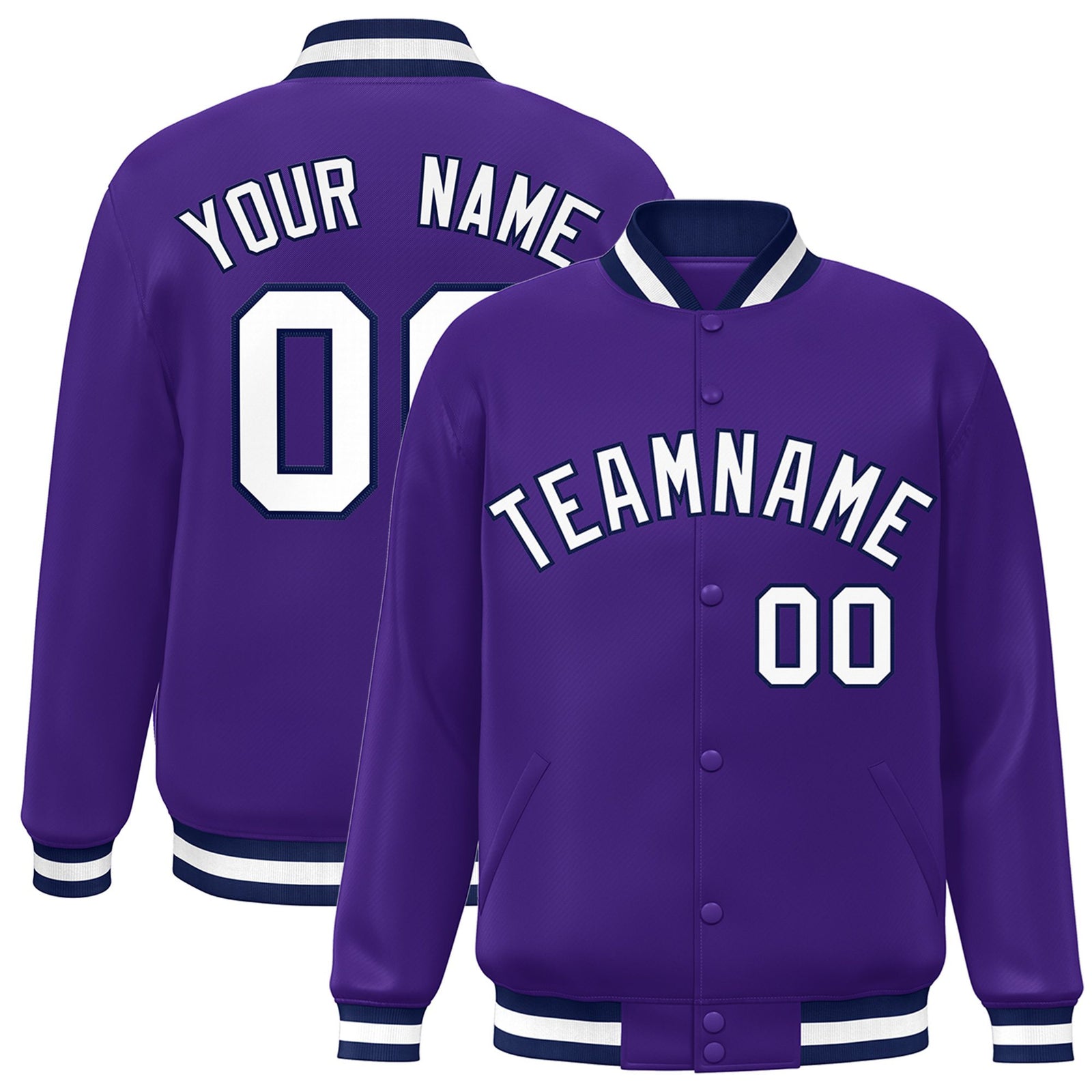 Custom Purple White-Navy Bomber Full-Snap Varsity Letterman Jacket