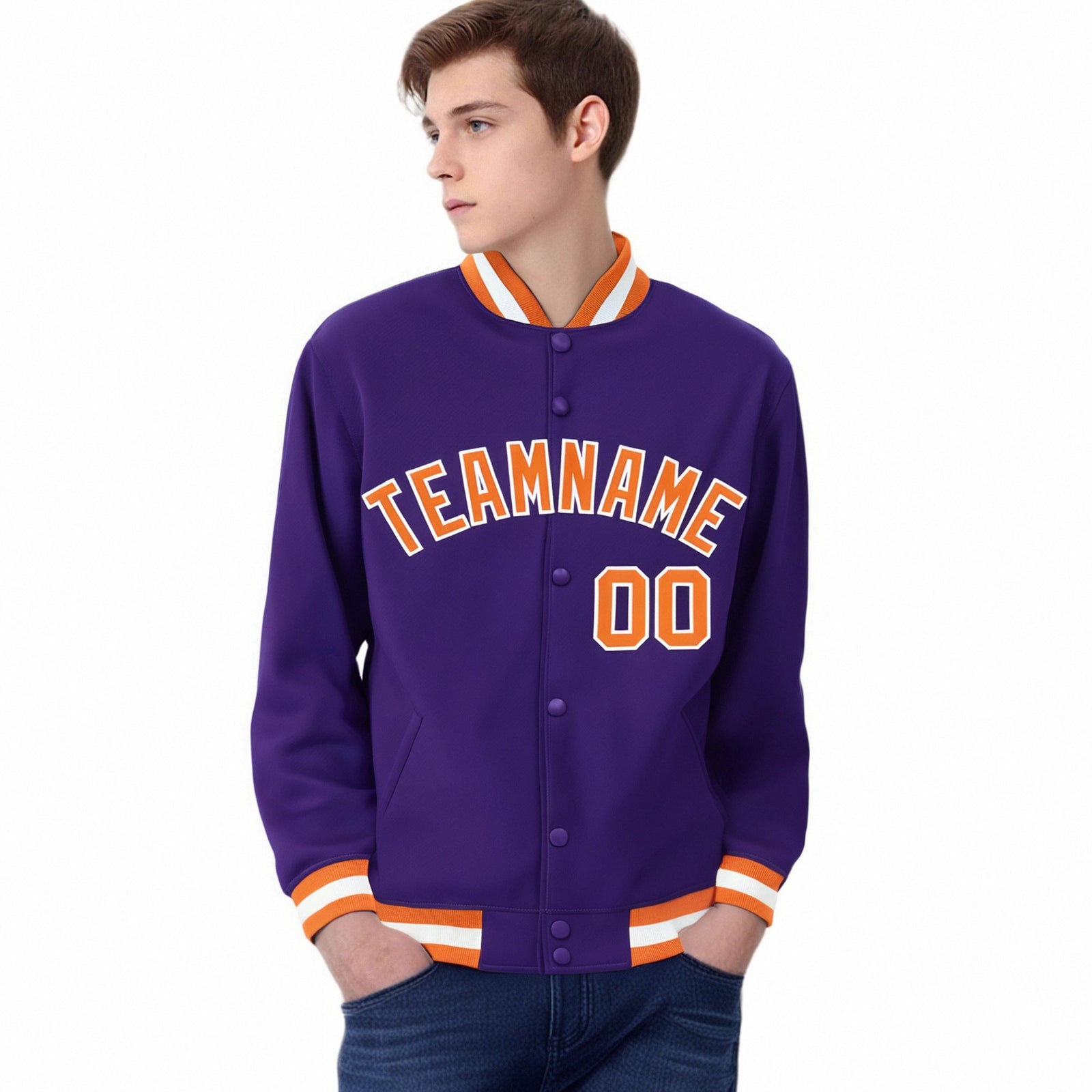 Custom Purple Orange-White Bomber Full-Snap Varsity Letterman Jacket