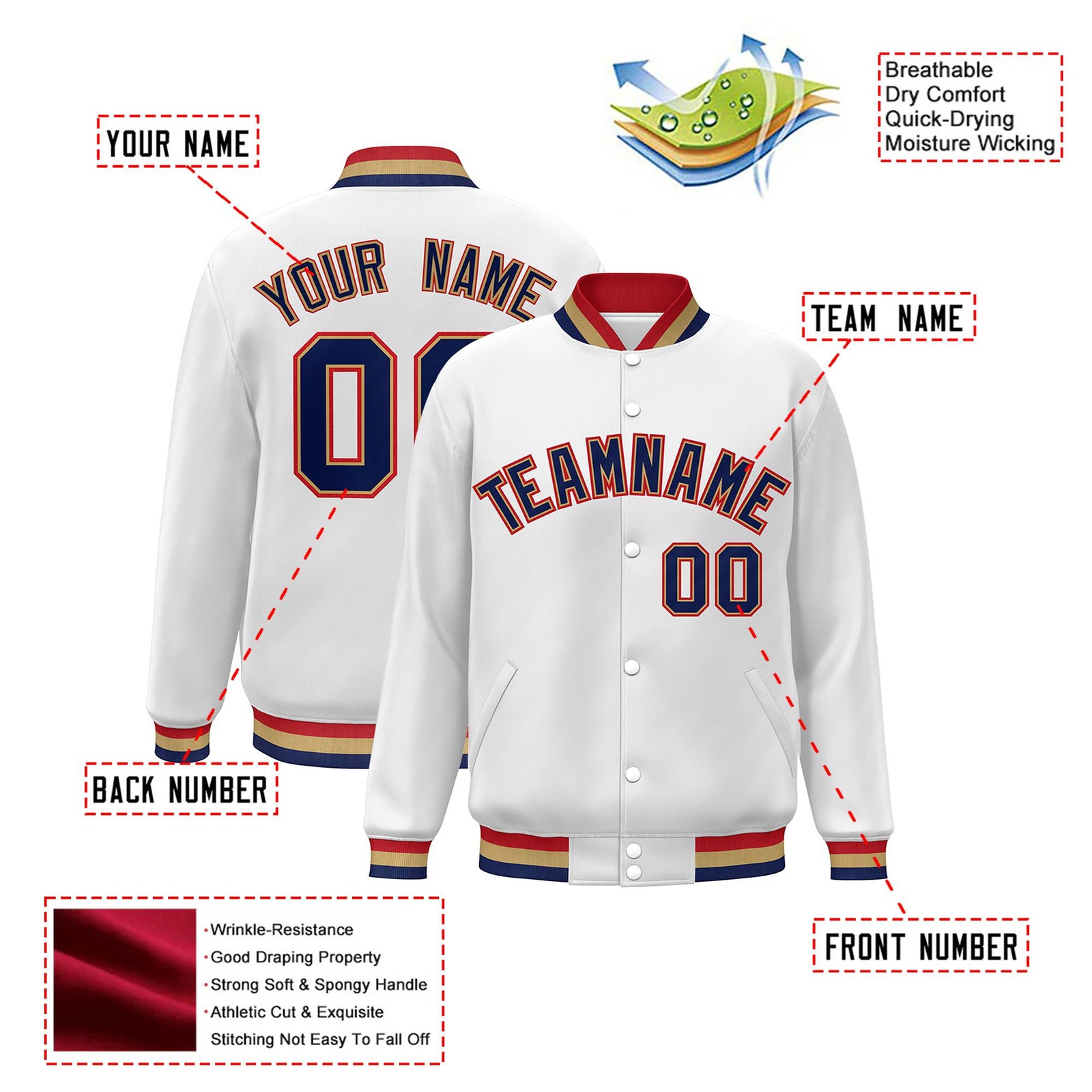 Custom White Navy Old-Gold Bomber Full-Snap Varsity Letterman Jacket