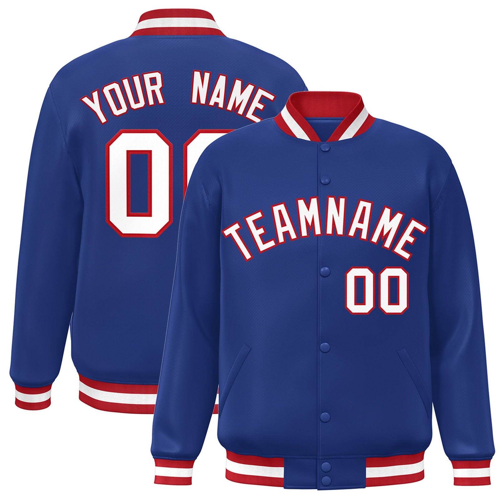 Custom Royal Blue White-Red Bomber Full-Snap Varsity Letterman Jacket