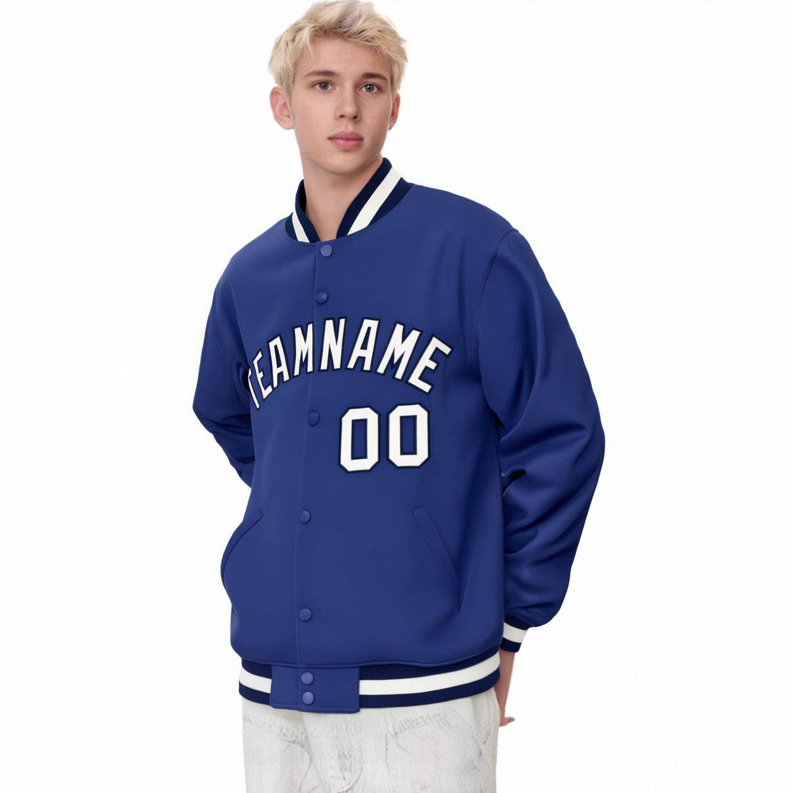 Custom Royal Blue Black-White Bomber Full-Snap Varsity Letterman Jacket