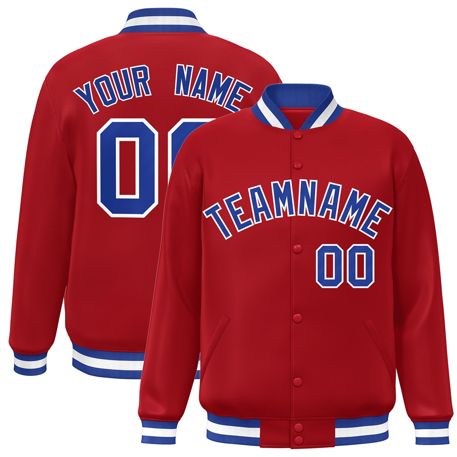 Custom Royal-Red Royal-Blue White Bomber Full-Snap Varsity Letterman Jacket