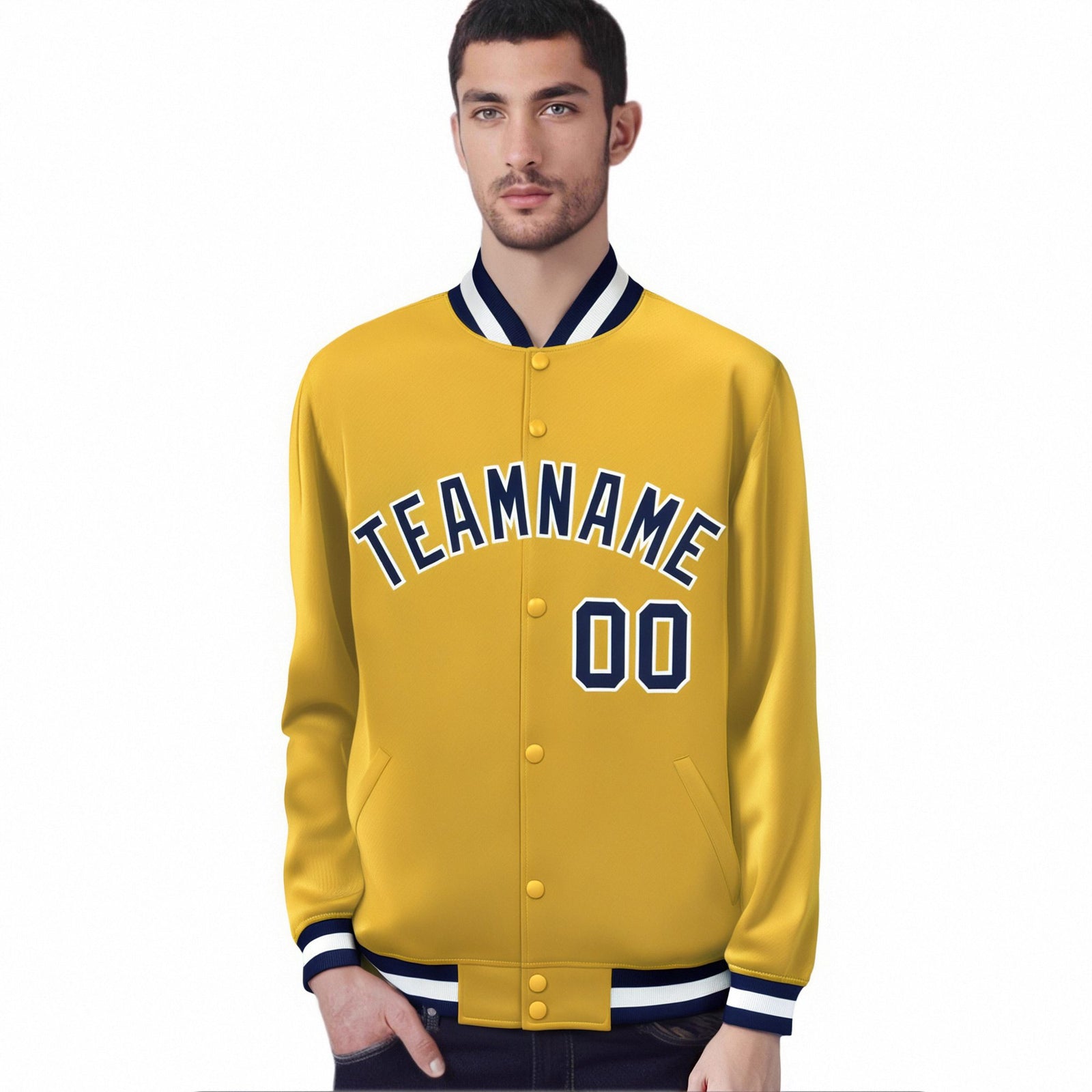 Custom Yellow Navy-White Bomber Full-Snap Varsity Letterman Jacket