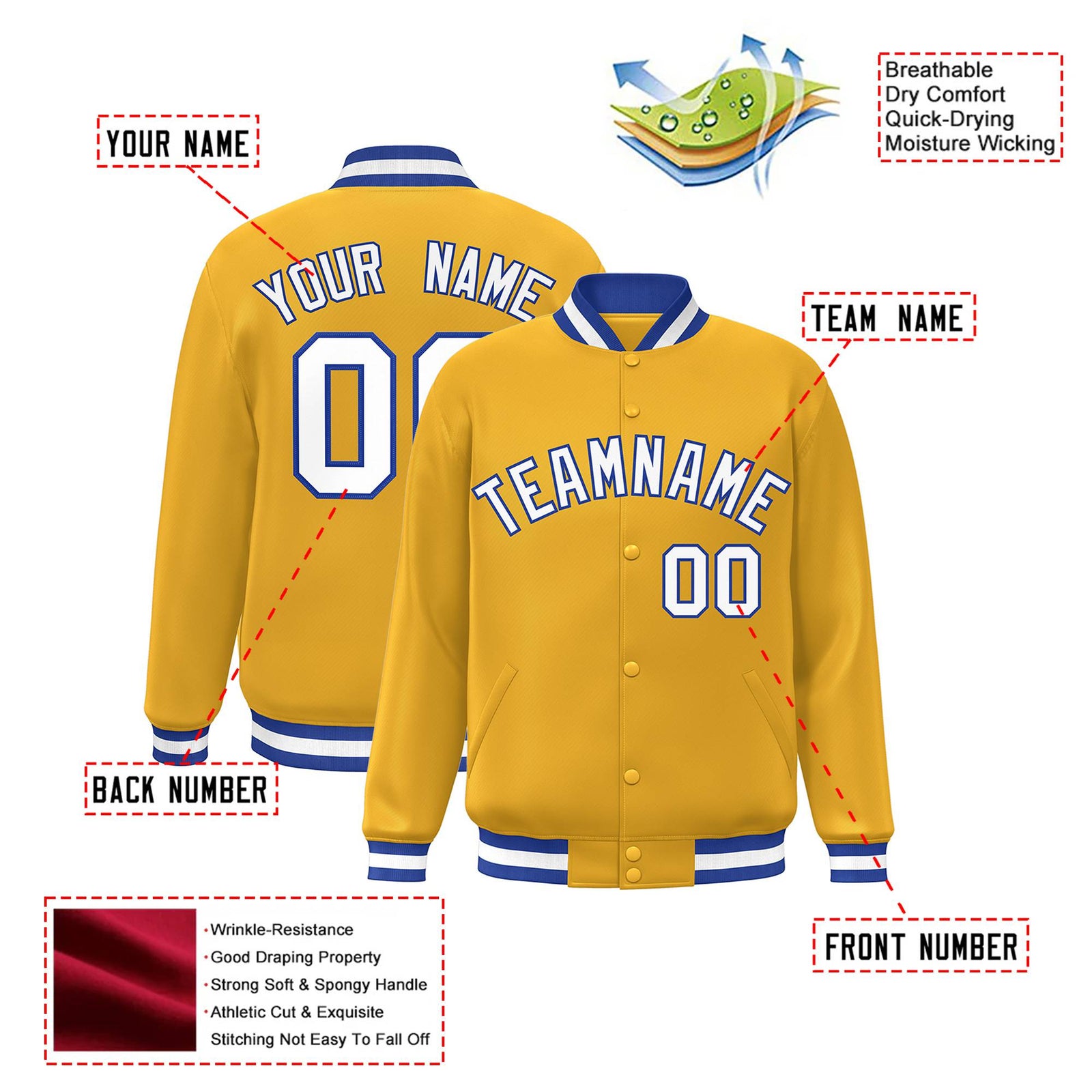 Custom Yellow White Royal-Blue Bomber Full-Snap Varsity Letterman Jacket