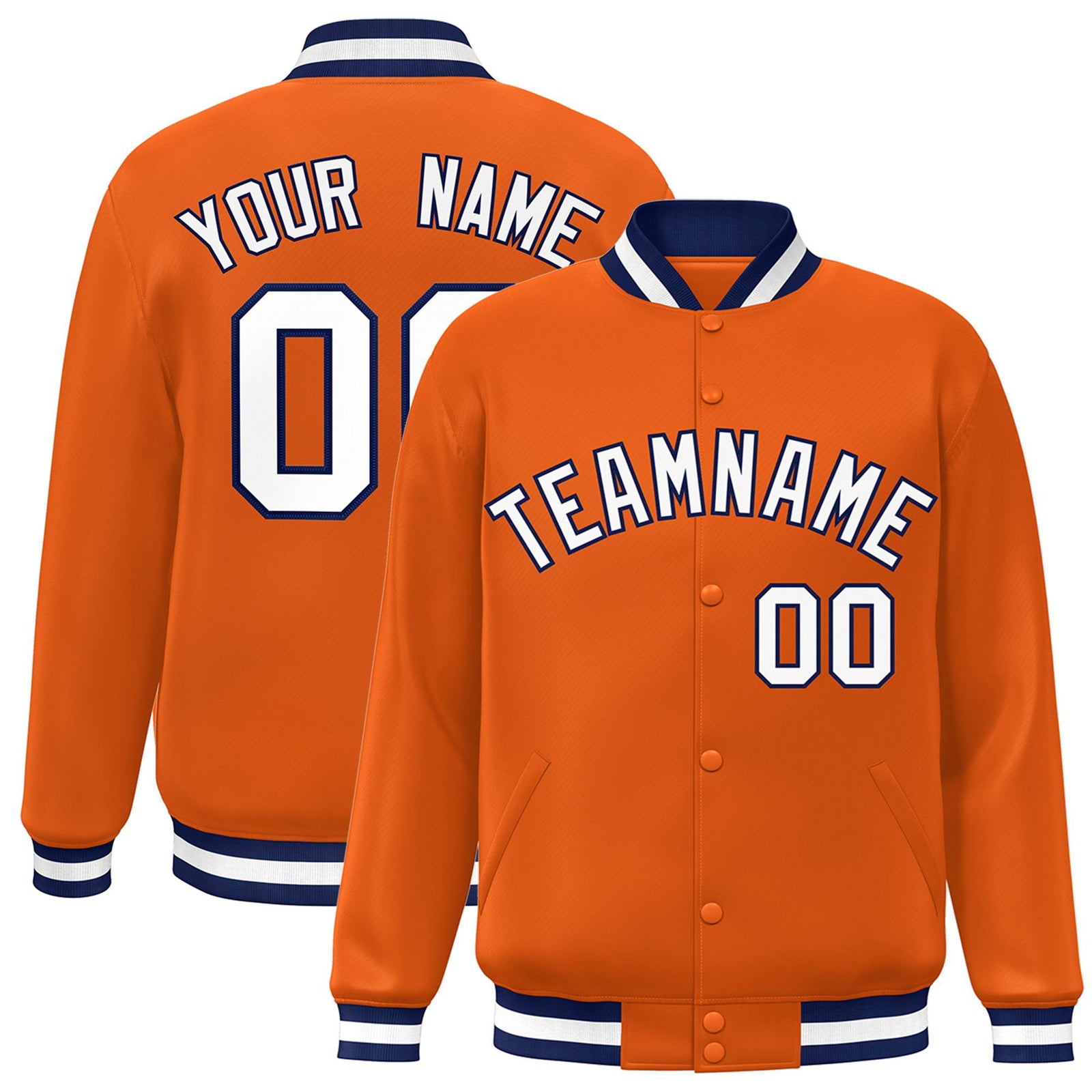 Custom Orange White Navy Bomber Full-Snap Varsity Letterman Jacket