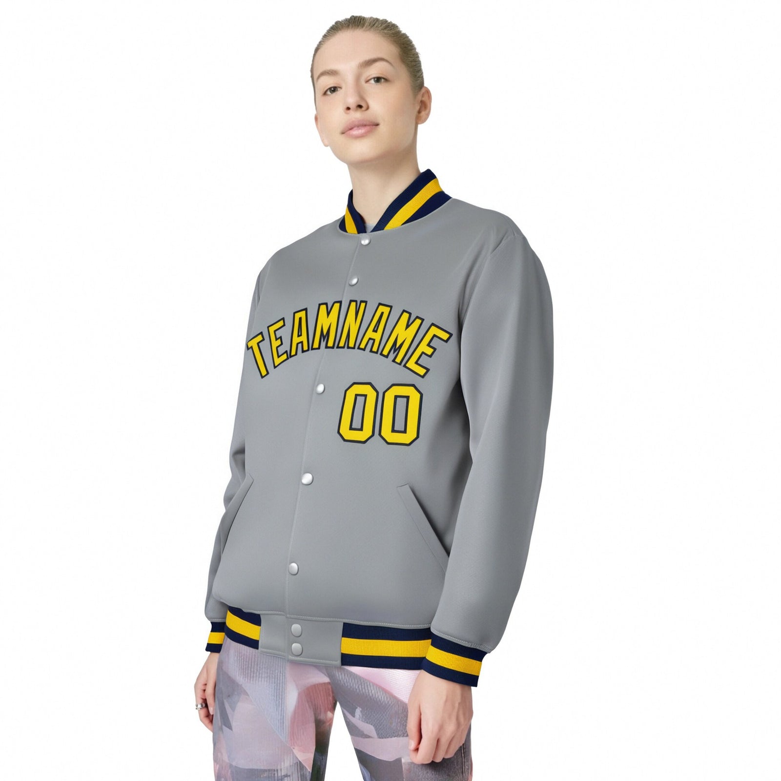 Custom Gray Yellow-Navy Bomber Full-Snap Varsity Letterman Jacket