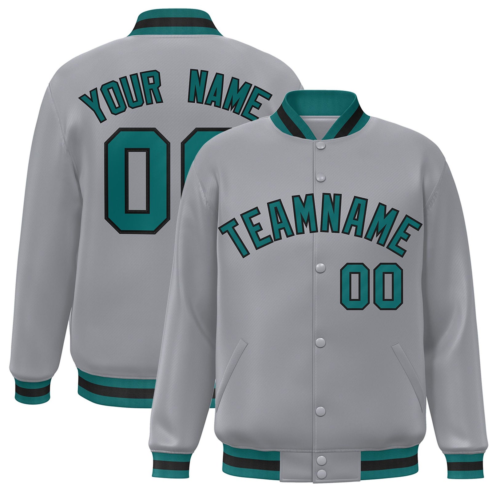 Custom Gray Aqua-Black Bomber Full-Snap Varsity Letterman Jacket