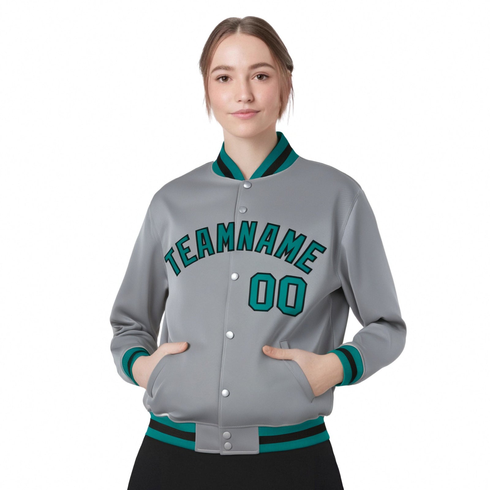 Custom Gray Aqua-Black Bomber Full-Snap Varsity Letterman Jacket
