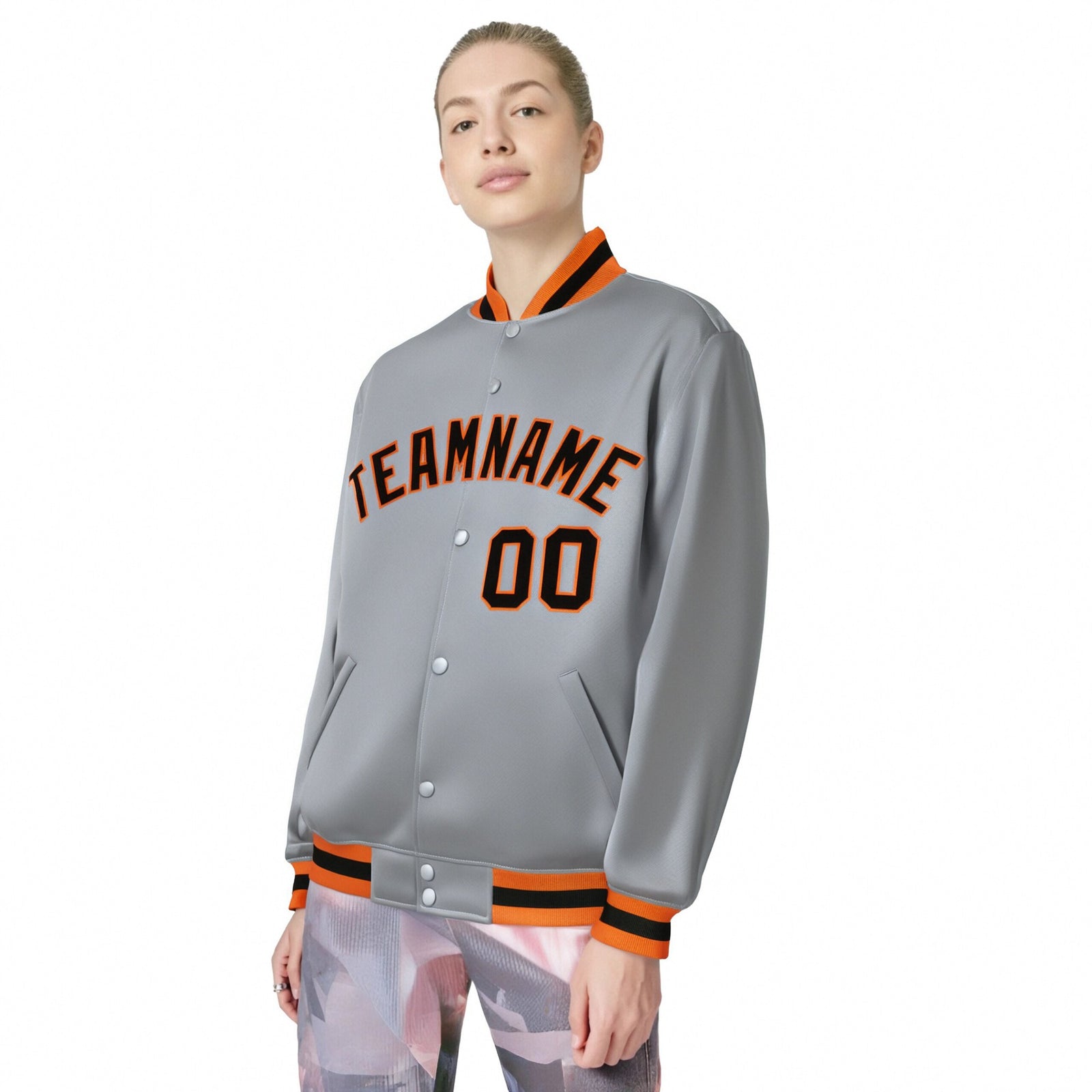 Custom Gray Black-Orange Bomber Full-Snap Varsity Letterman Jacket