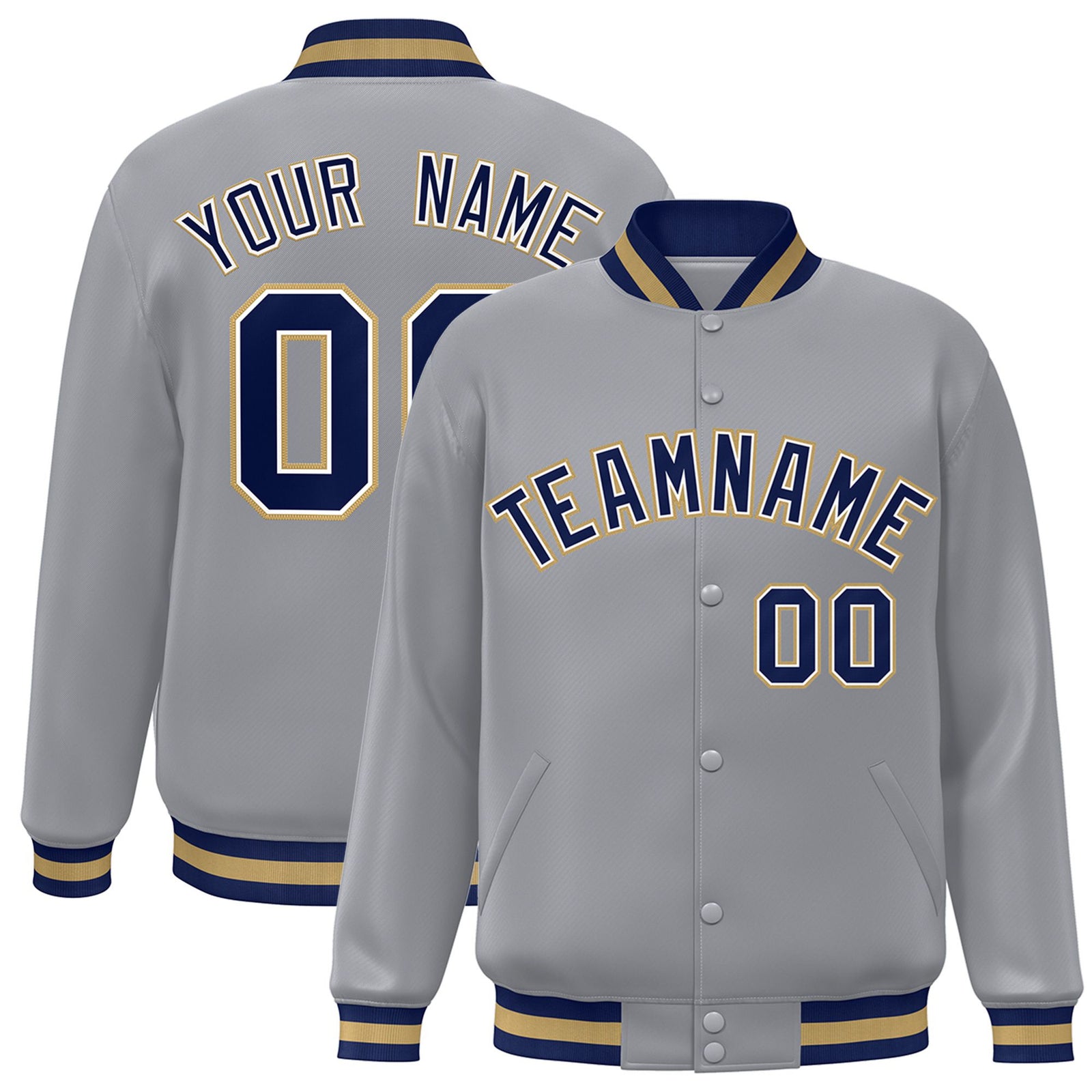 Custom Gray Navy Old-Gold Bomber Full-Snap Varsity Letterman Jacket