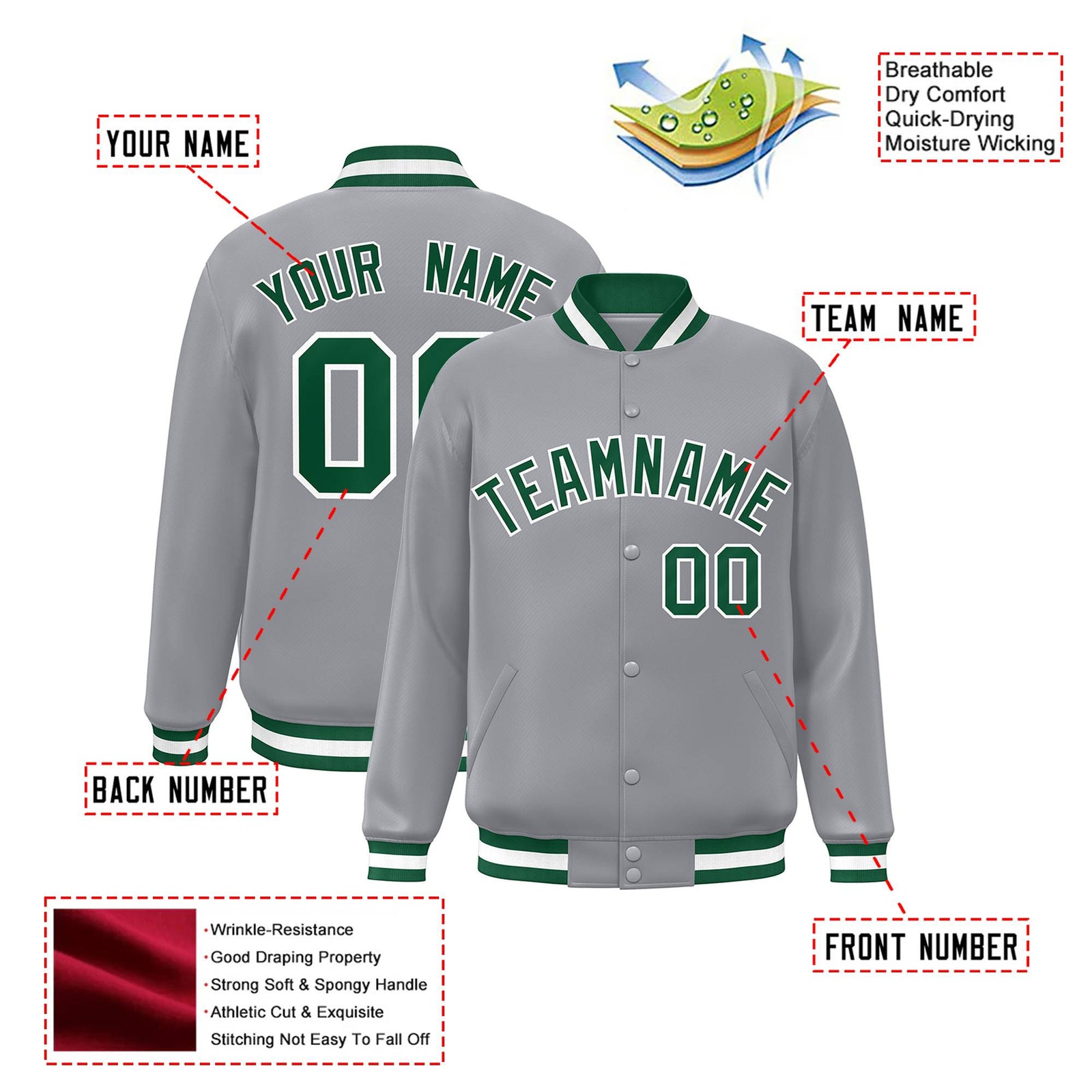 Custom Gray Neon-Green White Bomber Full-Snap Varsity Letterman Jacket