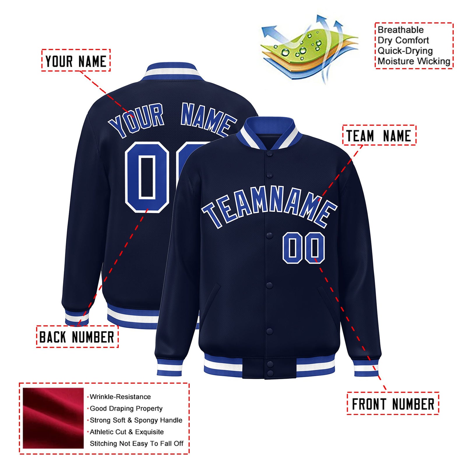 Custom Navy Royal-Blue White Bomber Full-Snap Varsity Letterman Jacket