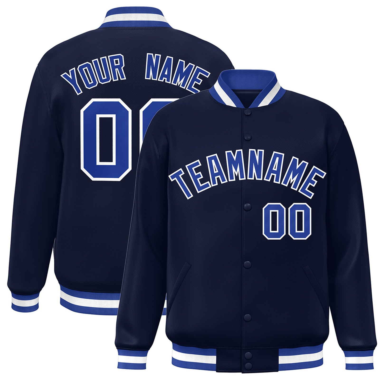Custom Navy Royal-Blue White Bomber Full-Snap Varsity Letterman Jacket