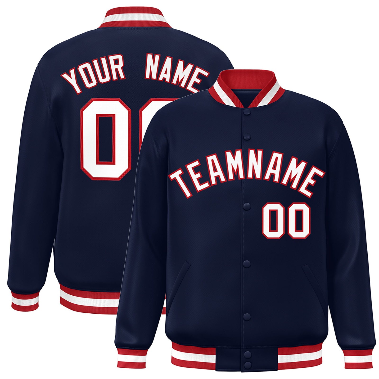 Custom Navy White Red Bomber Full-Snap Varsity Letterman Jacket