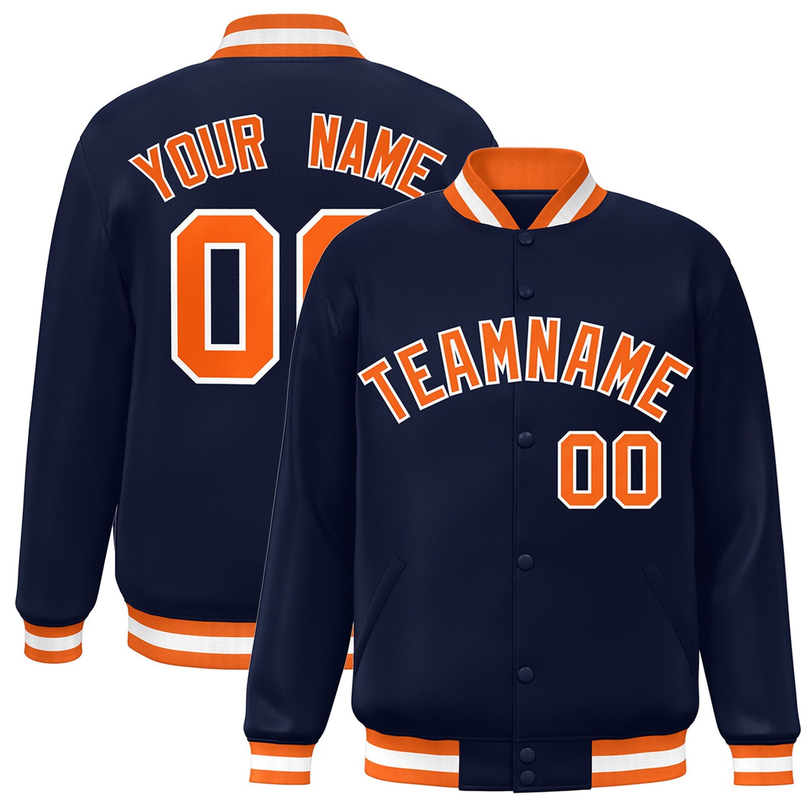 Custom Navy Orange-White Bomber Full-Snap Varsity Letterman Jacket