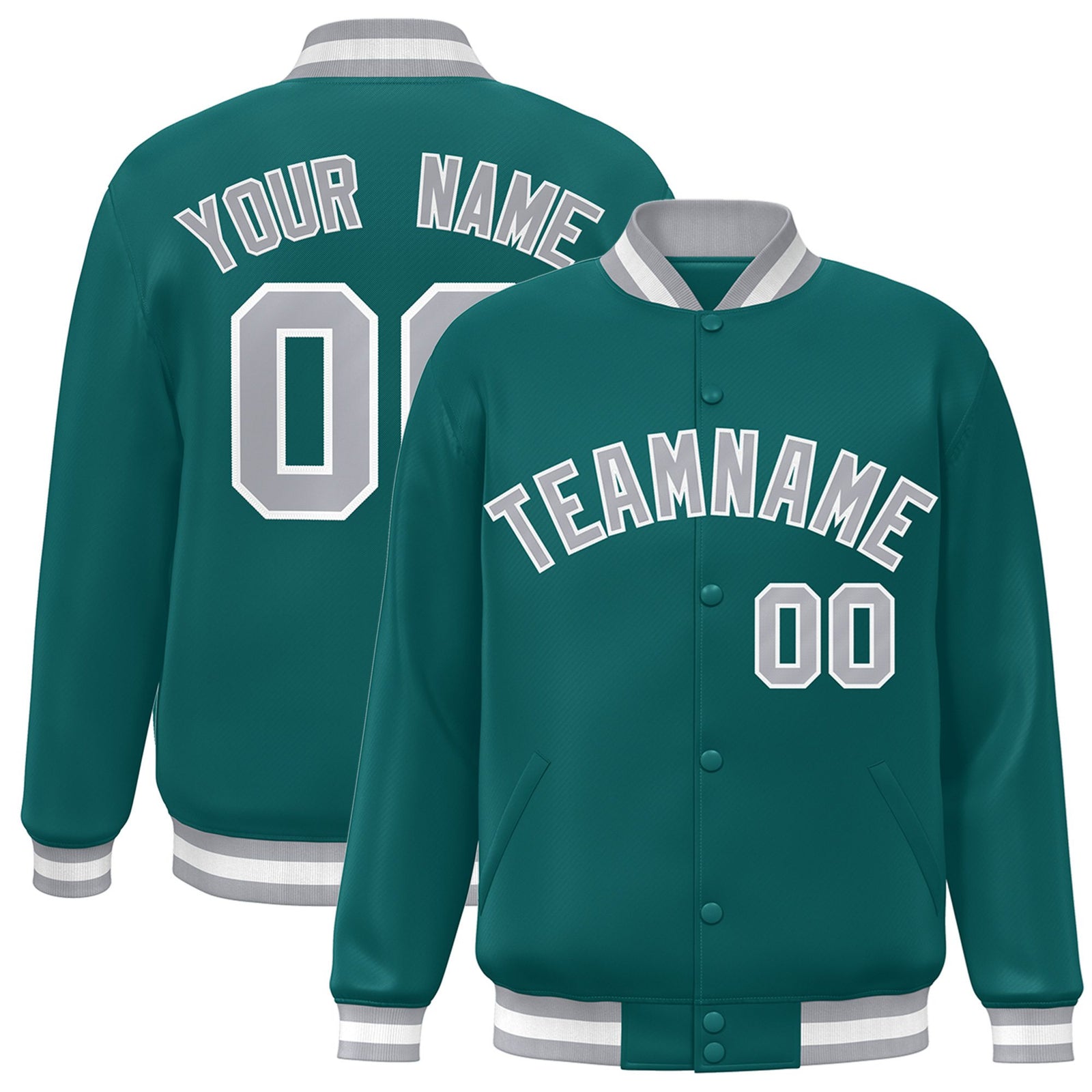 Custom Aqua Gray-White Bomber Full-Snap Varsity Letterman Jacket