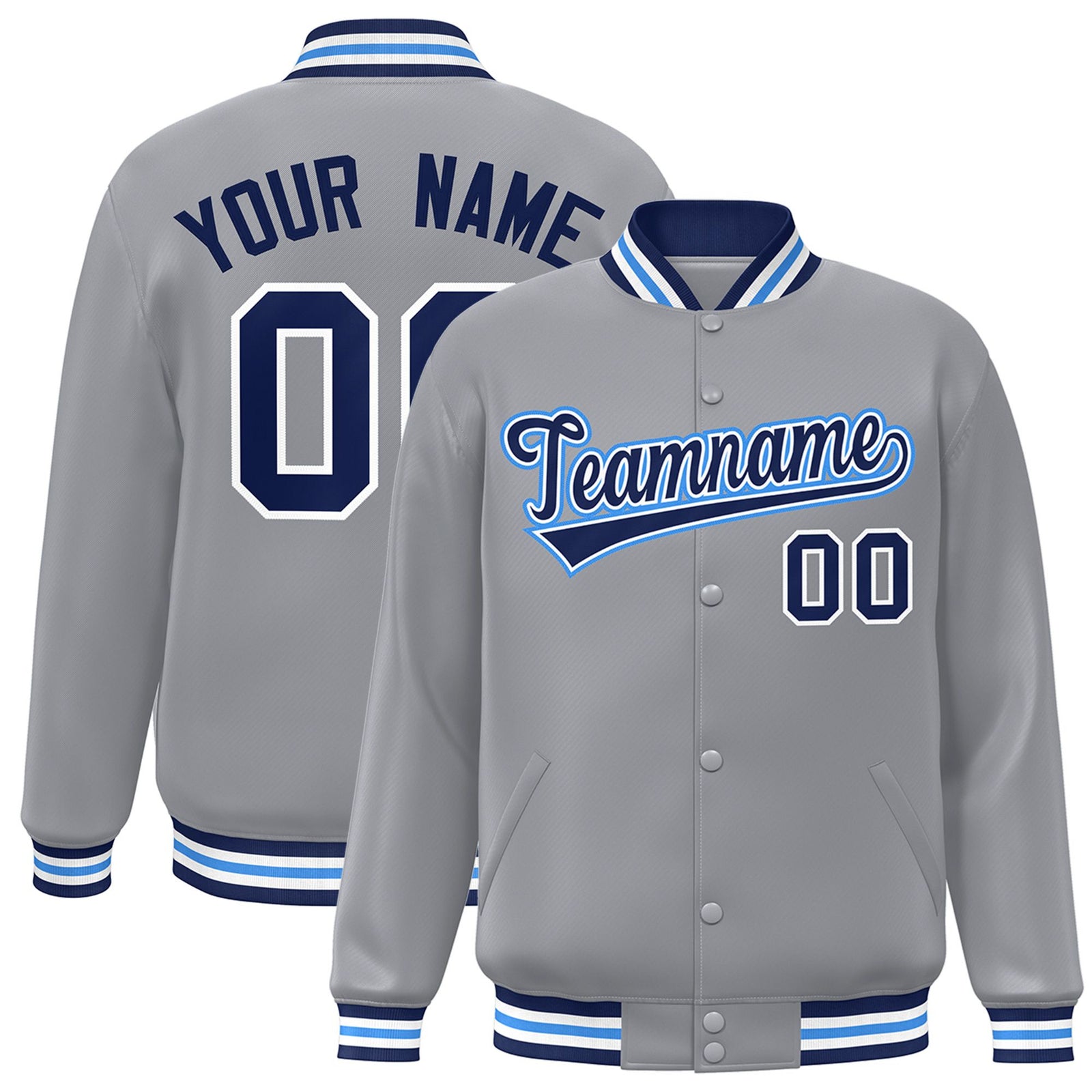 Custom Gray Navy-White Bomber Full-Snap Varsity Letterman Jacket