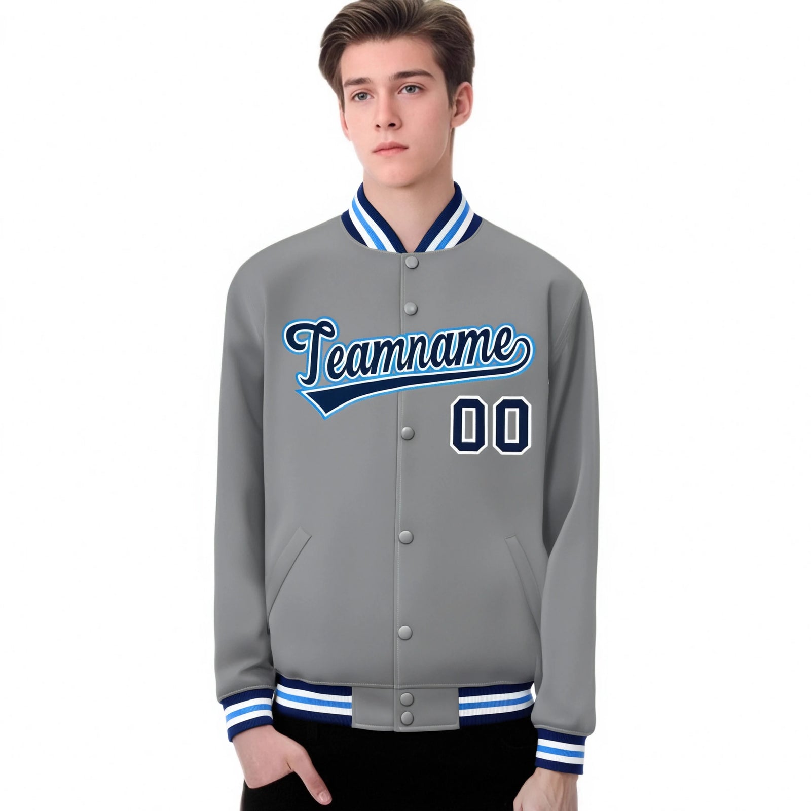 Custom Gray Navy-White Bomber Full-Snap Varsity Letterman Jacket