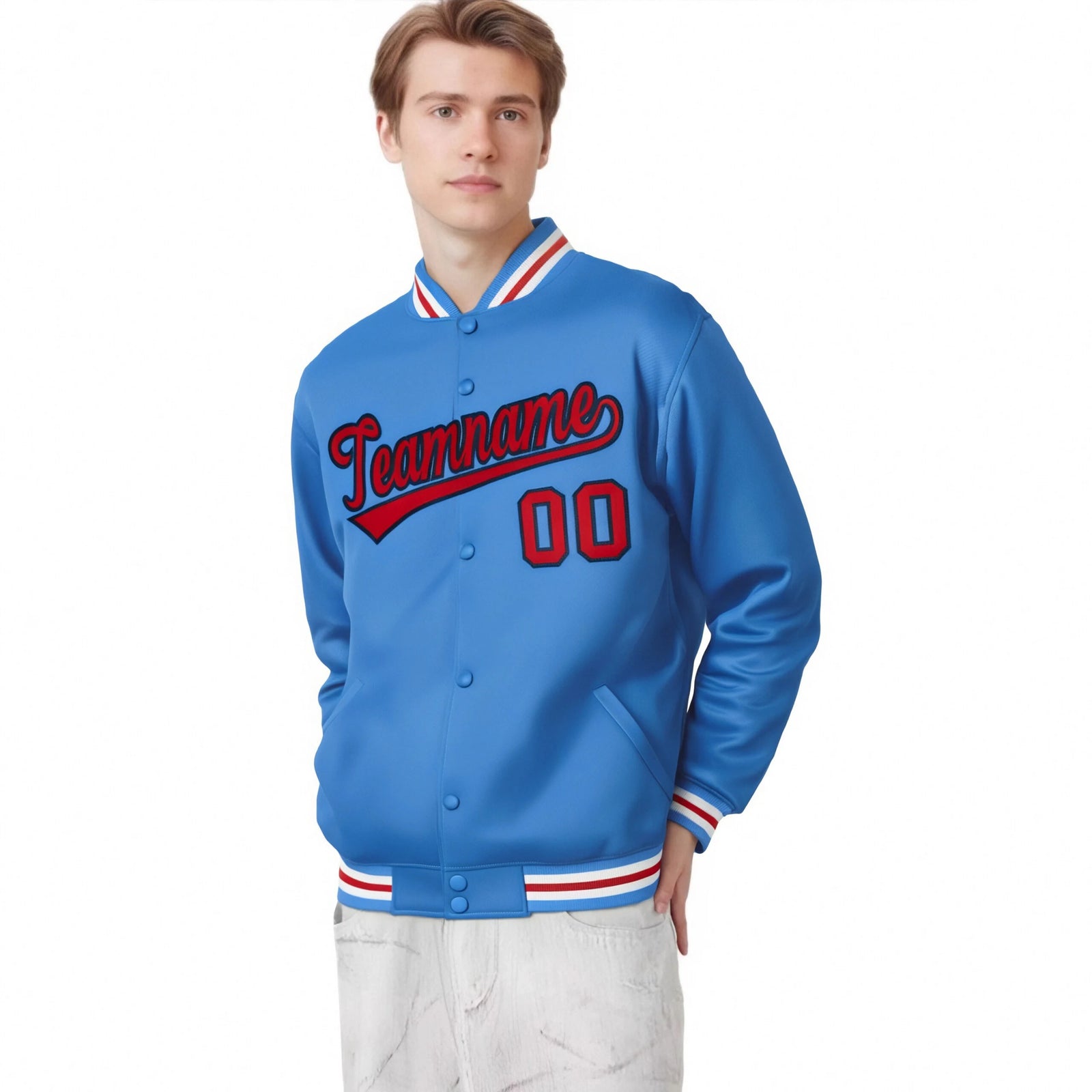 Custom Light Blue Red-White Bomber Full-Snap Varsity Letterman Jacket