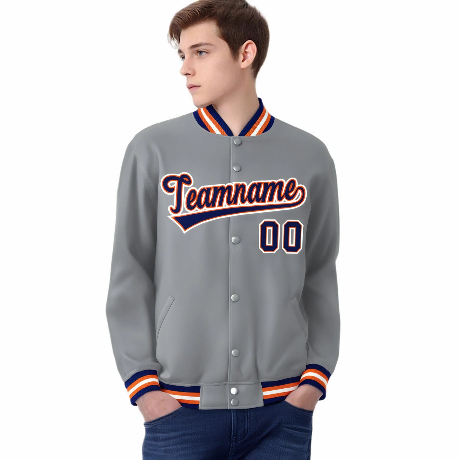 Custom Gray Navy-Orange Bomber Full-Snap Varsity Letterman Jacket
