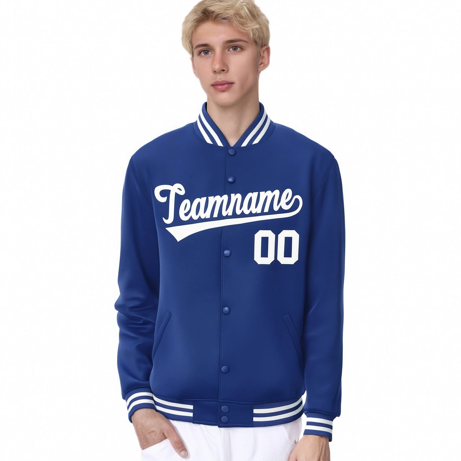 Custom Sky-Blue White Bomber Full-Snap Varsity Letterman Jacket