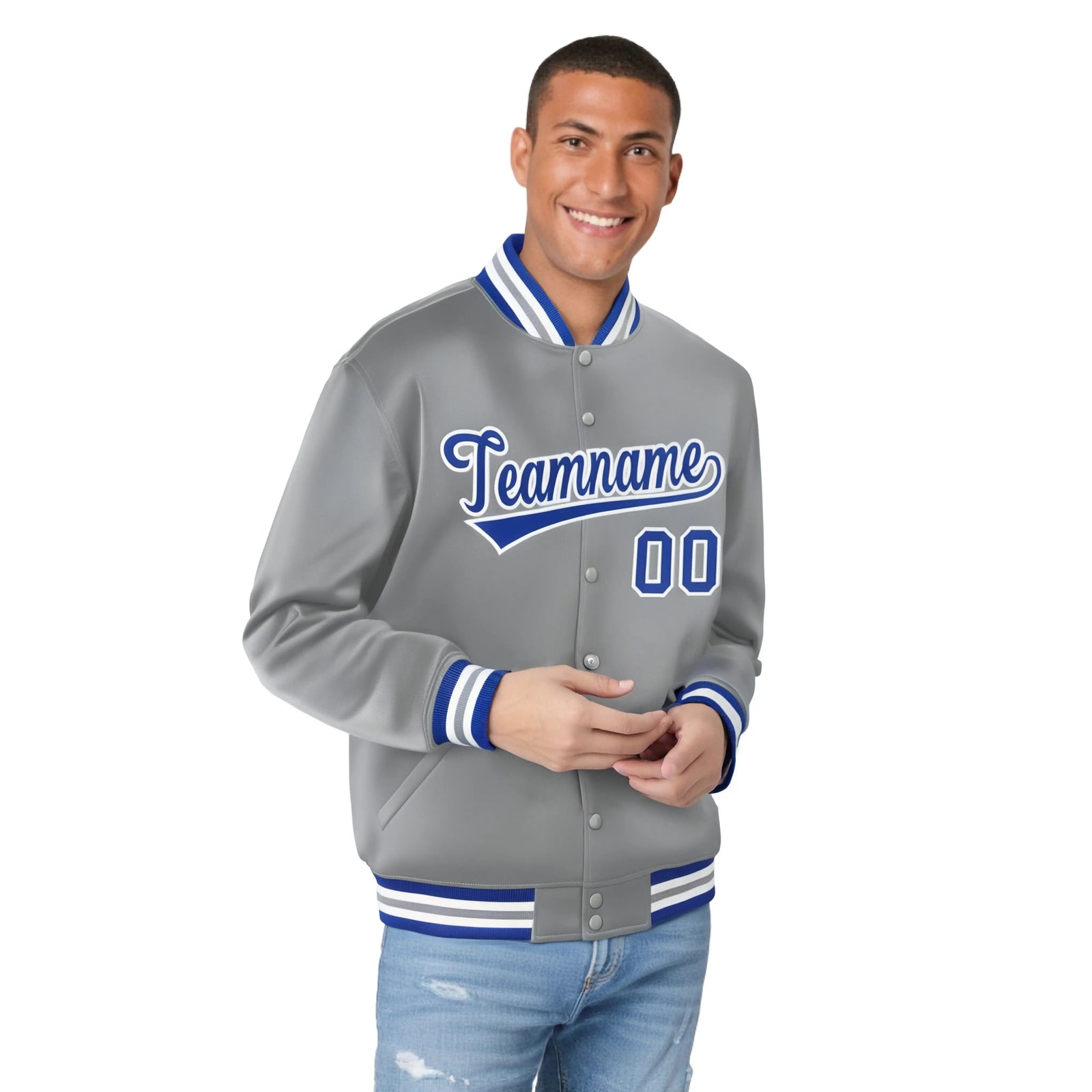 Custom Gray Blue-White Bomber Full-Snap Varsity Letterman Jacket