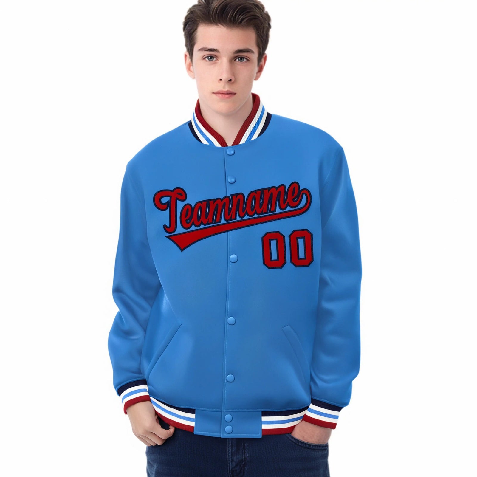 Custom Light Blue Red-Black Bomber Full-Snap Varsity Letterman Jacket