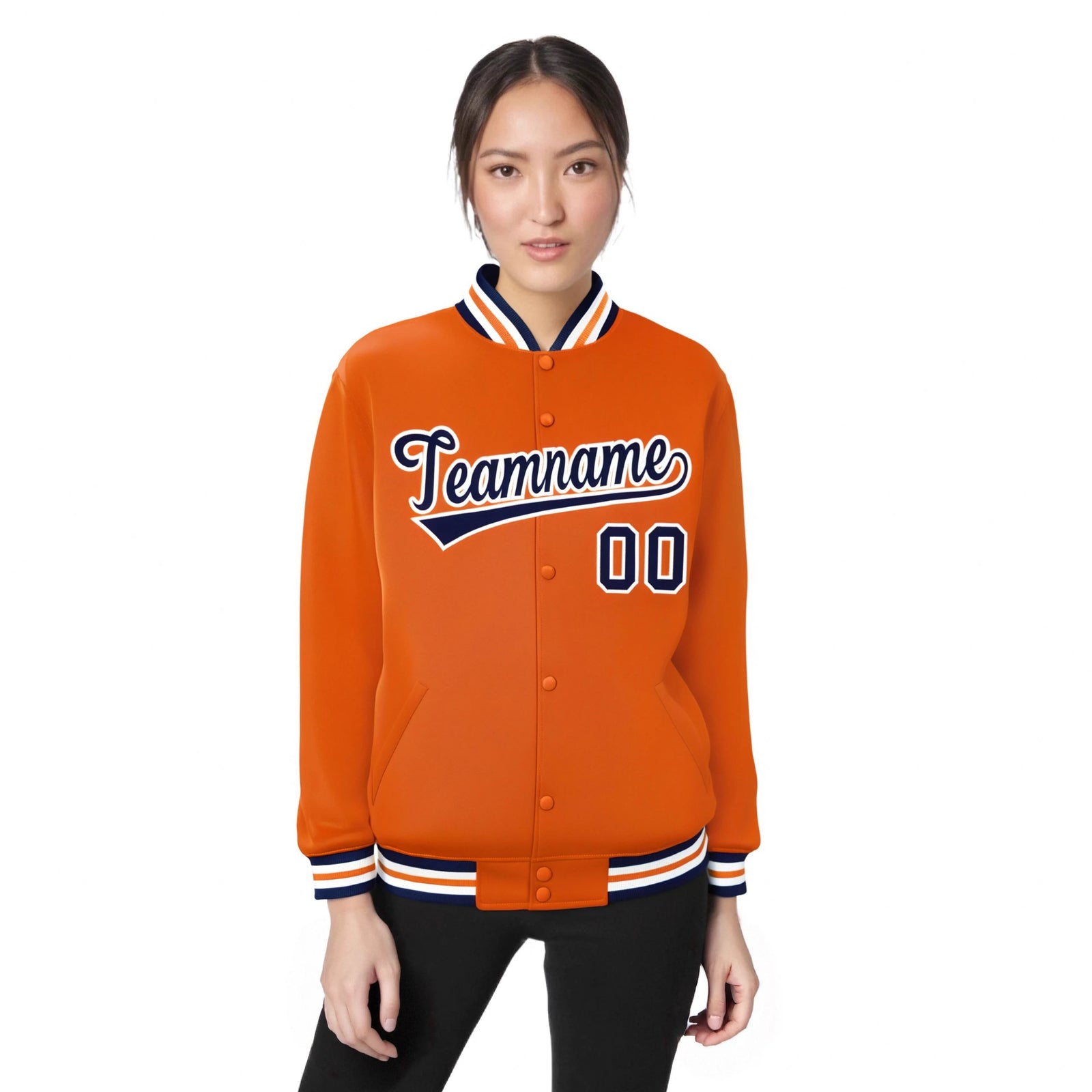 Custom Orange Navy-White Bomber Full-Snap Varsity Letterman Jacket