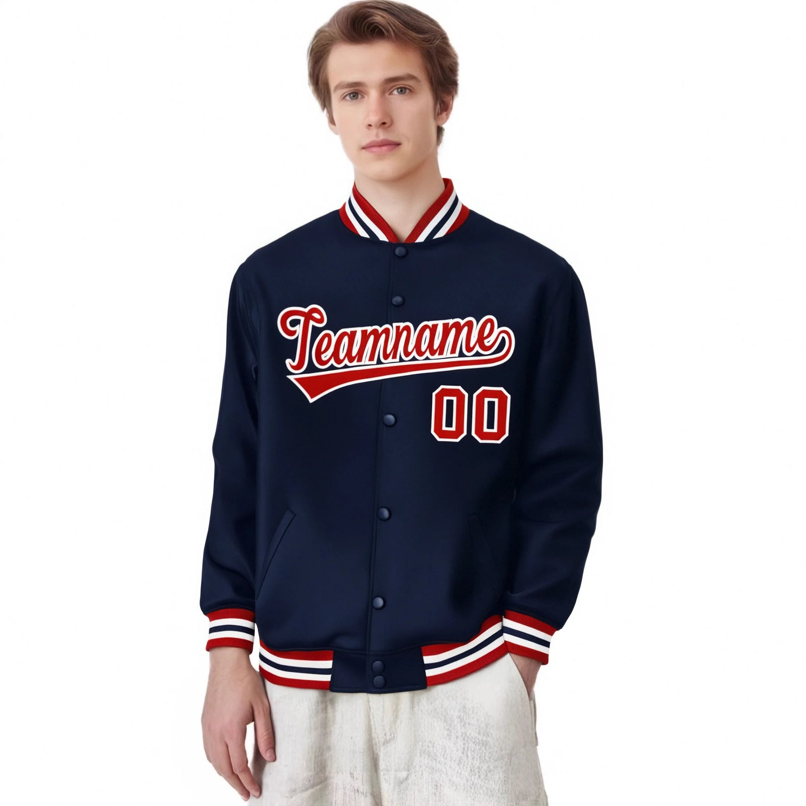 Chaqueta universitaria personalizada de estilo aviador, color rojo y blanco, con cierre de broche completo y estilo Letterman