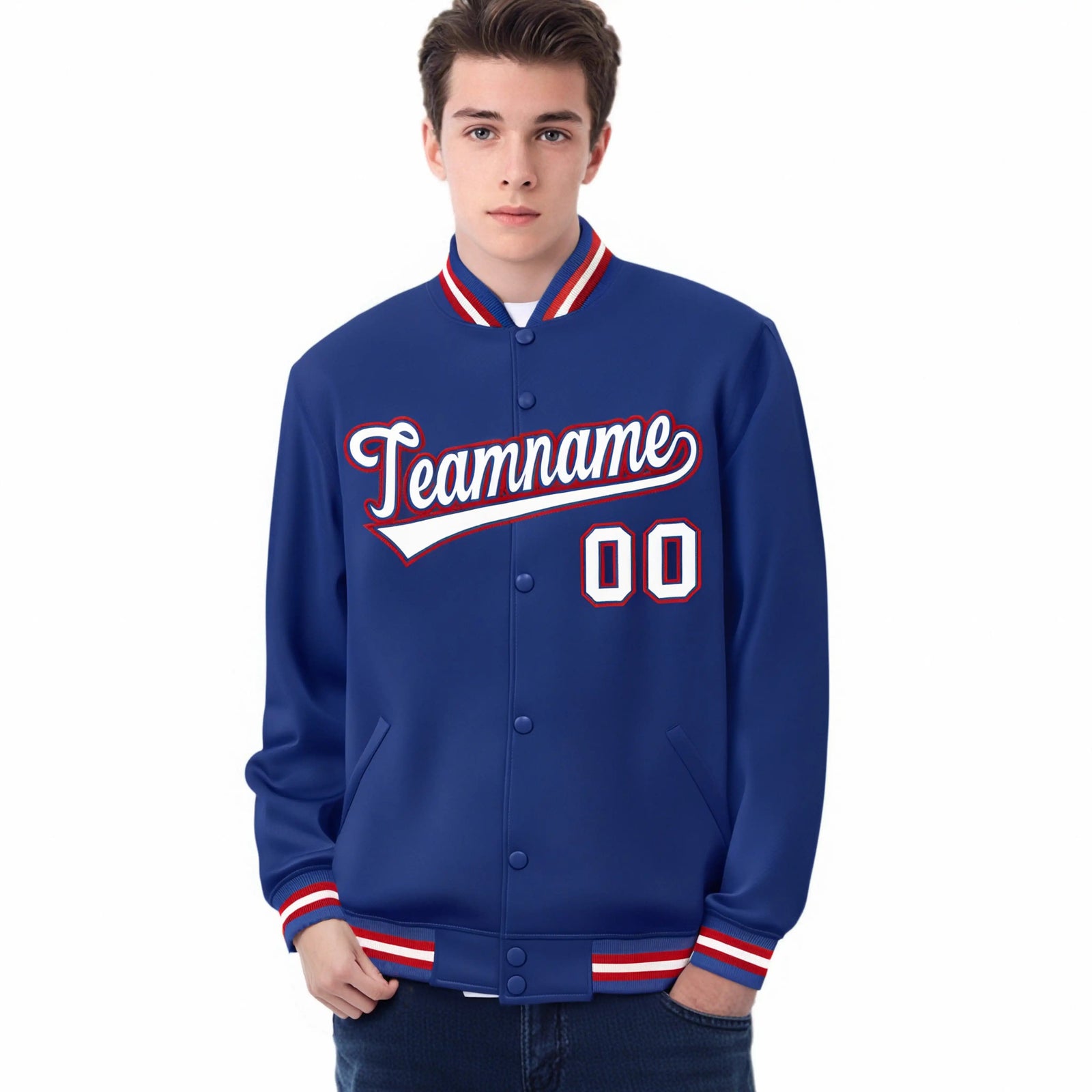 Custom Light Blue White-Red Bomber Full-Snap Varsity Letterman Jacket