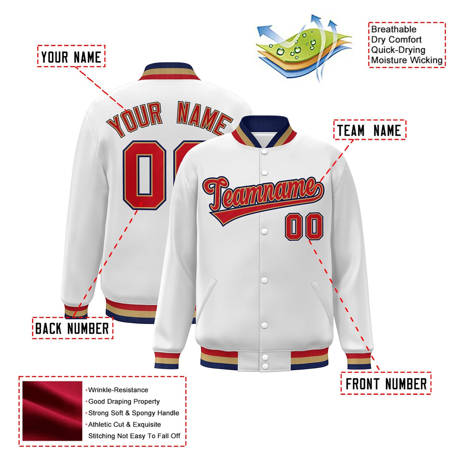 Custom White Red-Navy Old-Gold Bomber Full-Snap Varsity Letterman Jacket