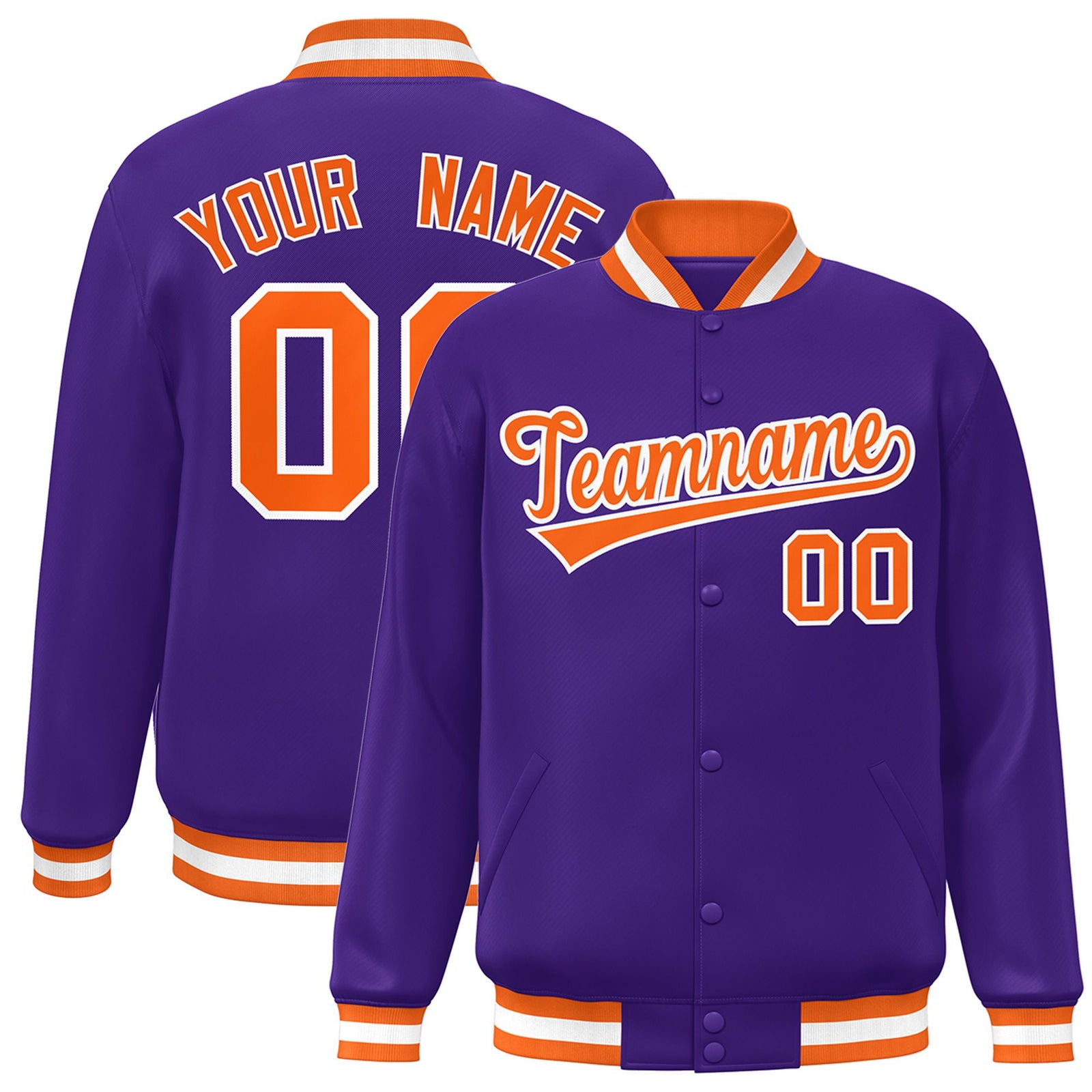 Custom Purple Orange-White Bomber Full-Snap Varsity Letterman Jacket
