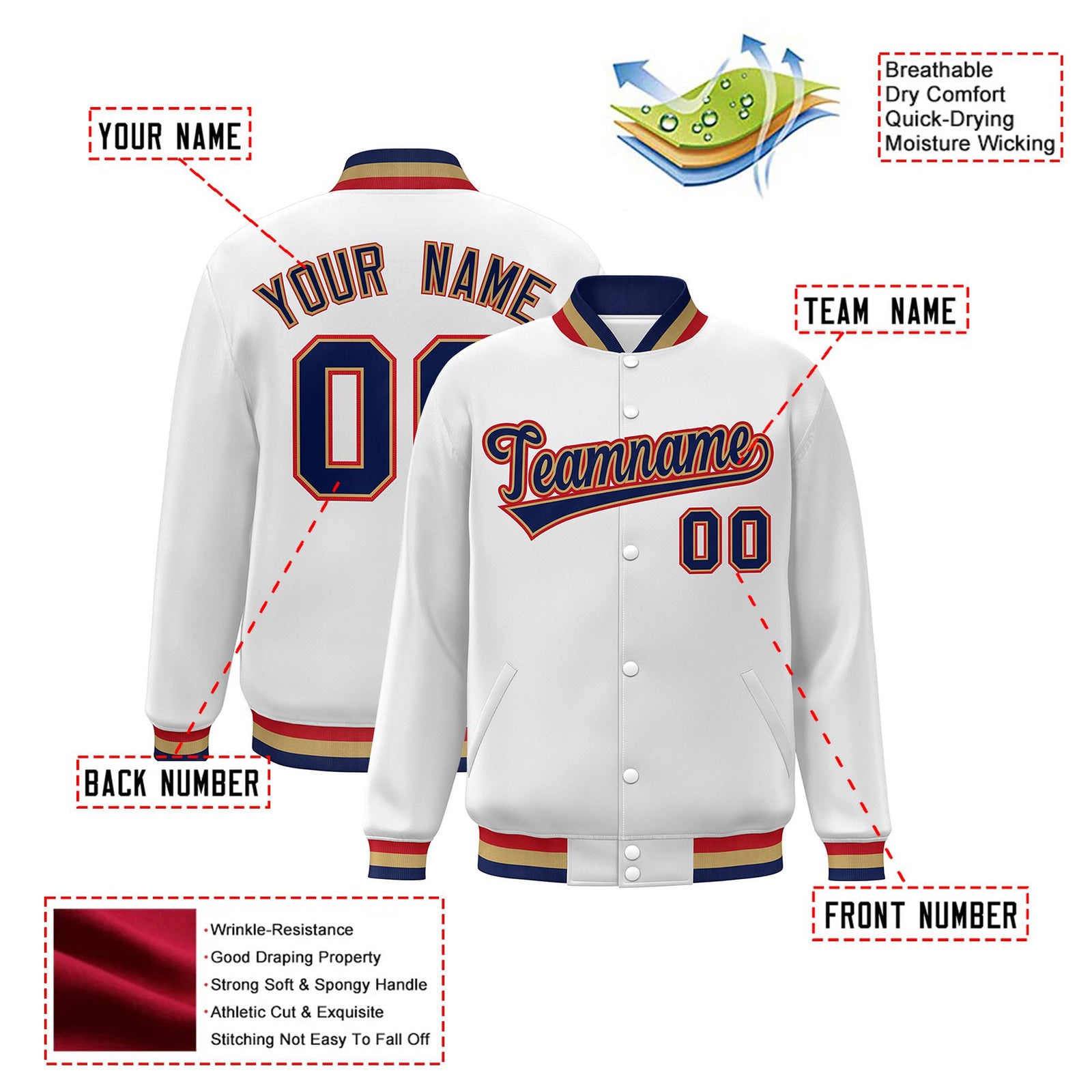 Custom White Navy Old-Gold Bomber Full-Snap Varsity Letterman Jacket