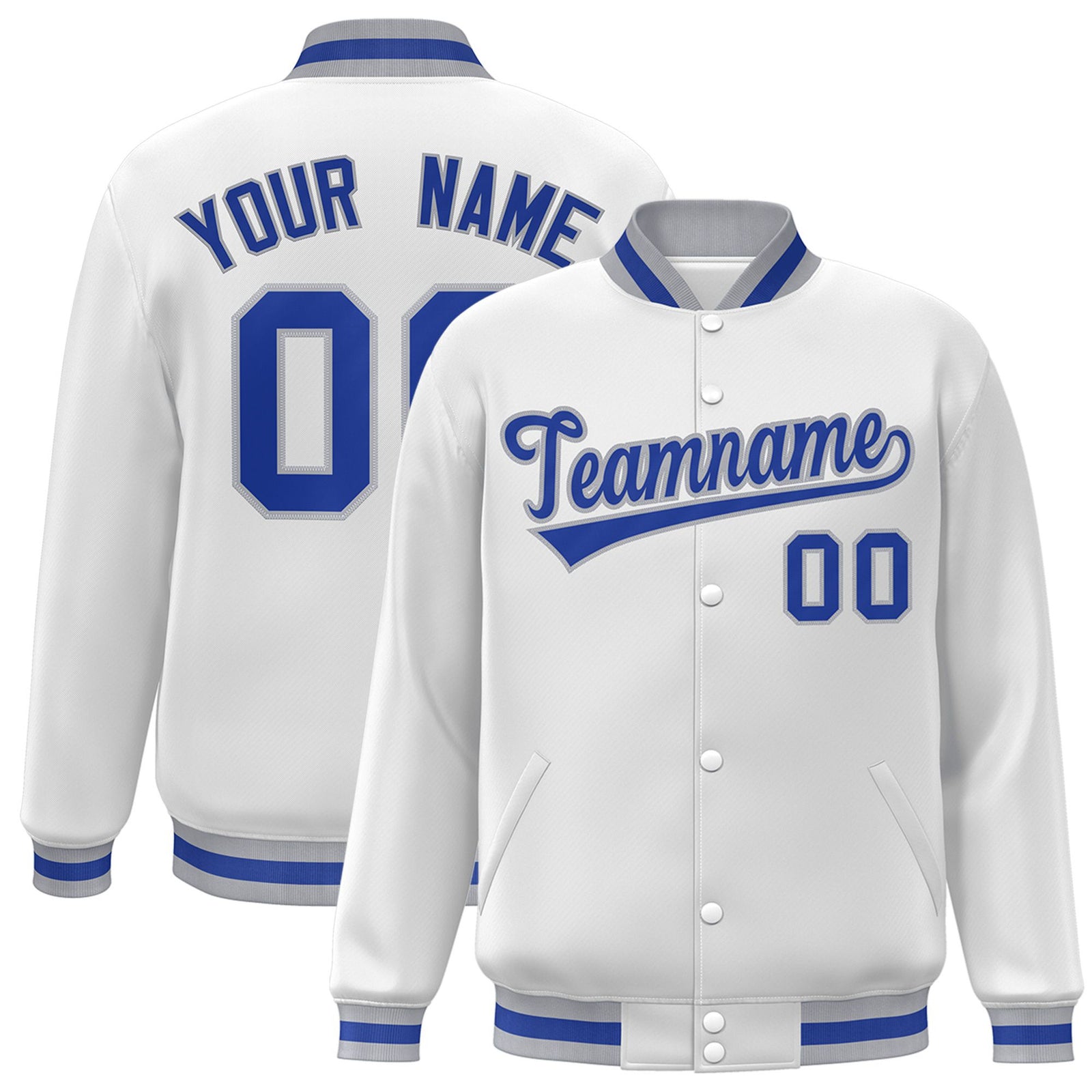 Custom White Thunder-Blue Gray Bomber Full-Snap Varsity Letterman Jacket