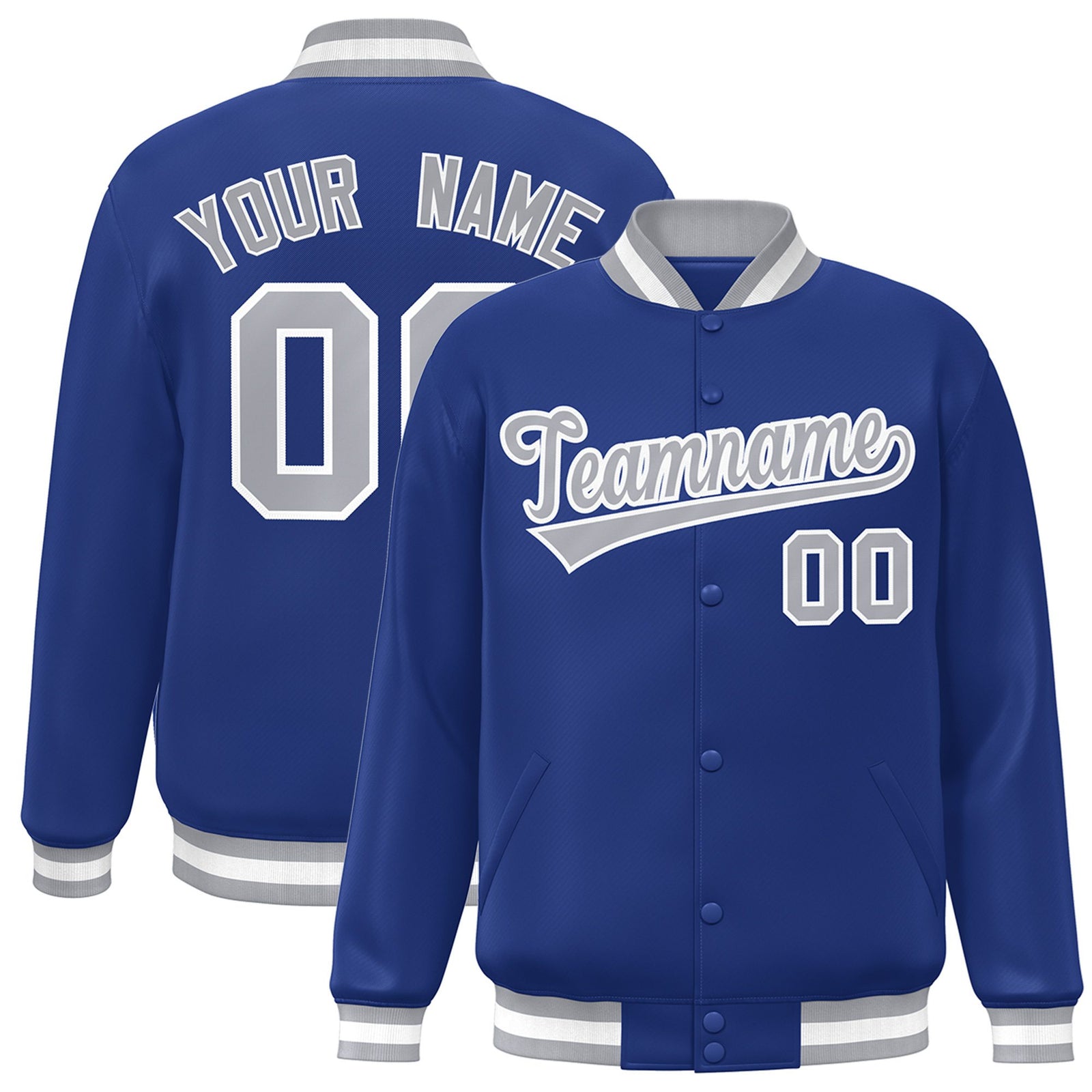 Custom Royal Blue Gray-White Bomber Full-Snap Varsity Letterman Jacket