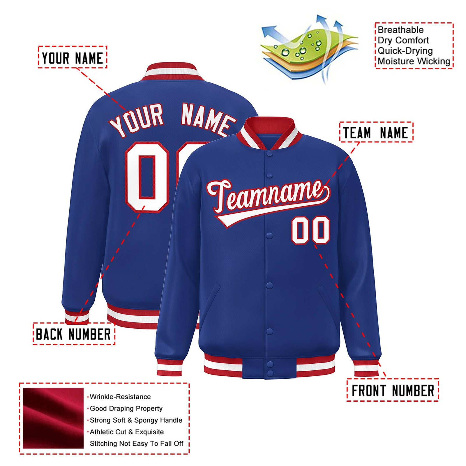 Custom Royal Blue White-Red Bomber Full-Snap Varsity Letterman Jacket