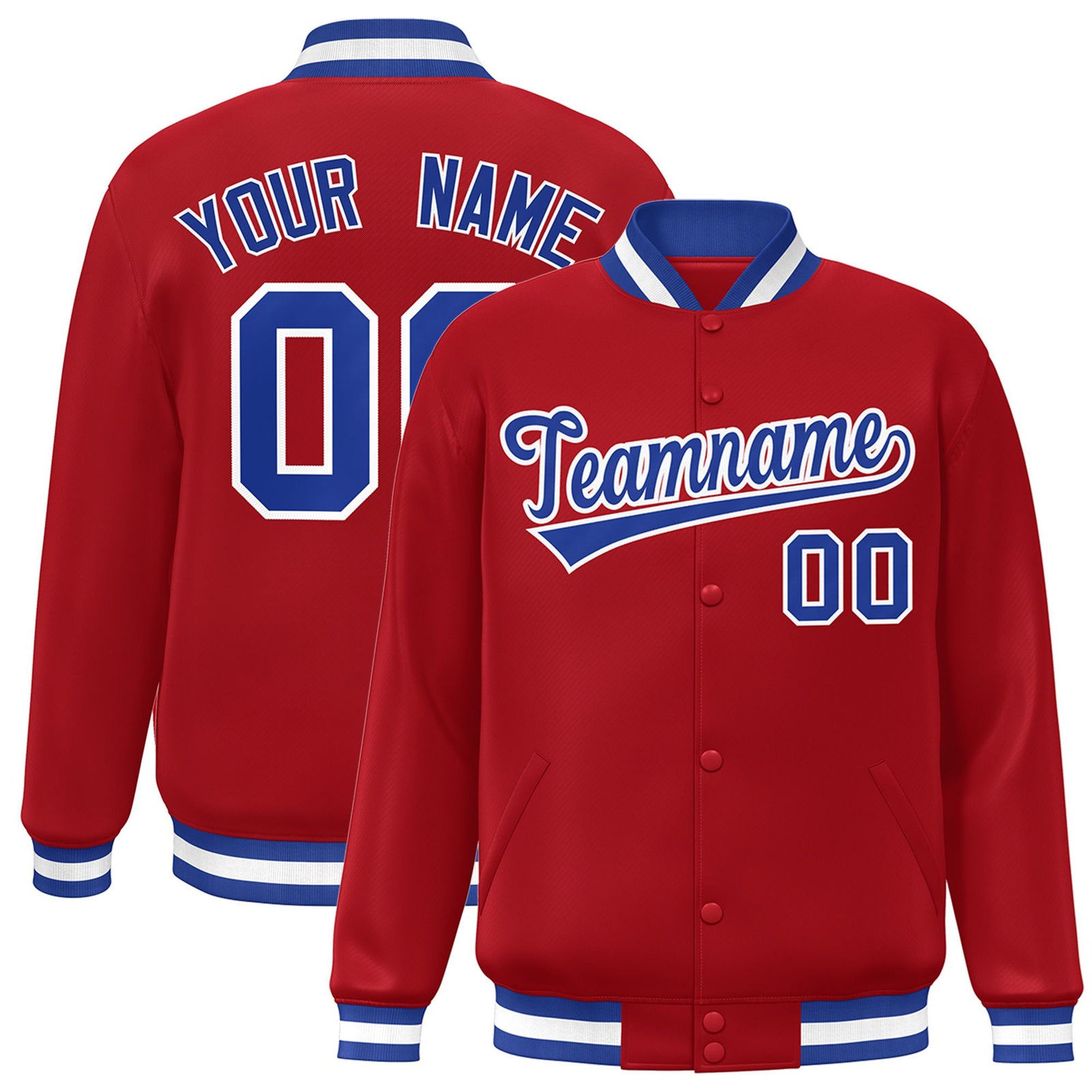 Custom Royal-Red Royal-Blue White Bomber Full-Snap Varsity Letterman Jacket