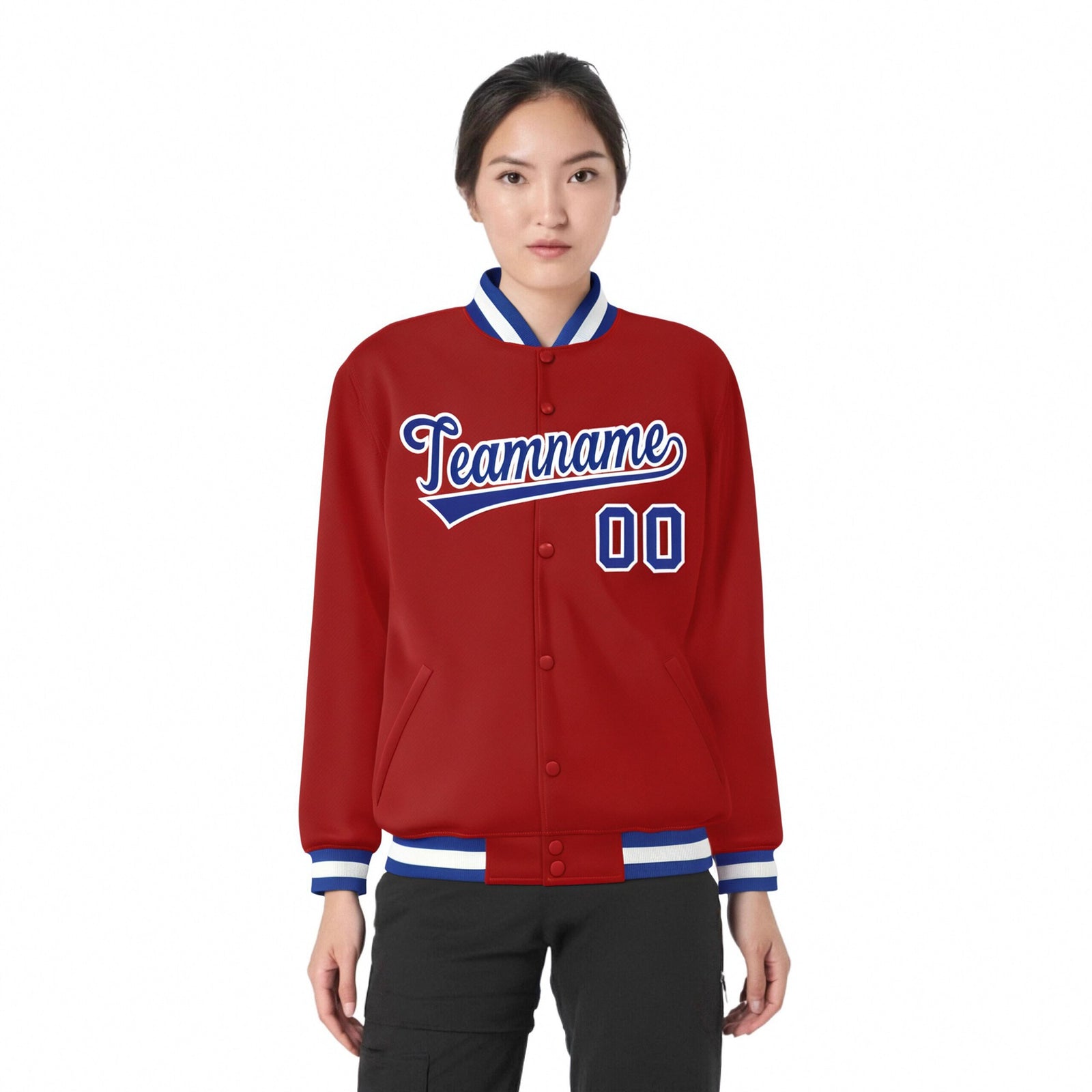 Custom Royal-Red Royal-Blue White Bomber Full-Snap Varsity Letterman Jacket